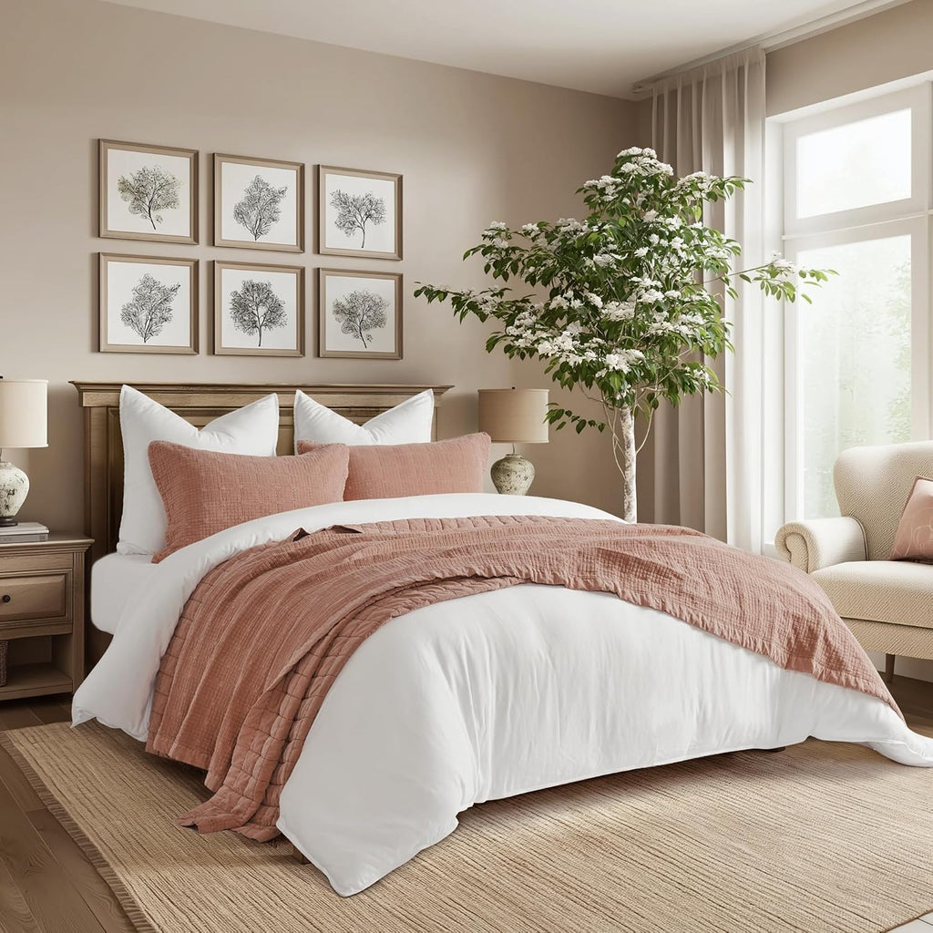 EVERGRACEHOME Stonewashed Cotton Quilt Set King Size, Ultra Soft Oversized Bedspread Coverlet Set, Lightweight Crinkle Box Stitch Bedding Sets for All Season, with 2 Shams, Terracotta Clay
