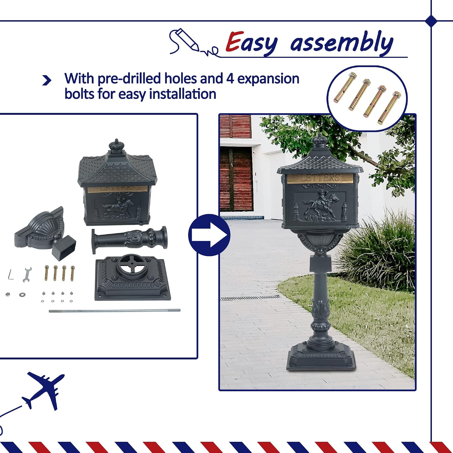 Retro Locking Mailboxes for Outside Aluminum Freestanding Mailbox with Post, Heavy Duty Mail Boxes for House with Post, Black