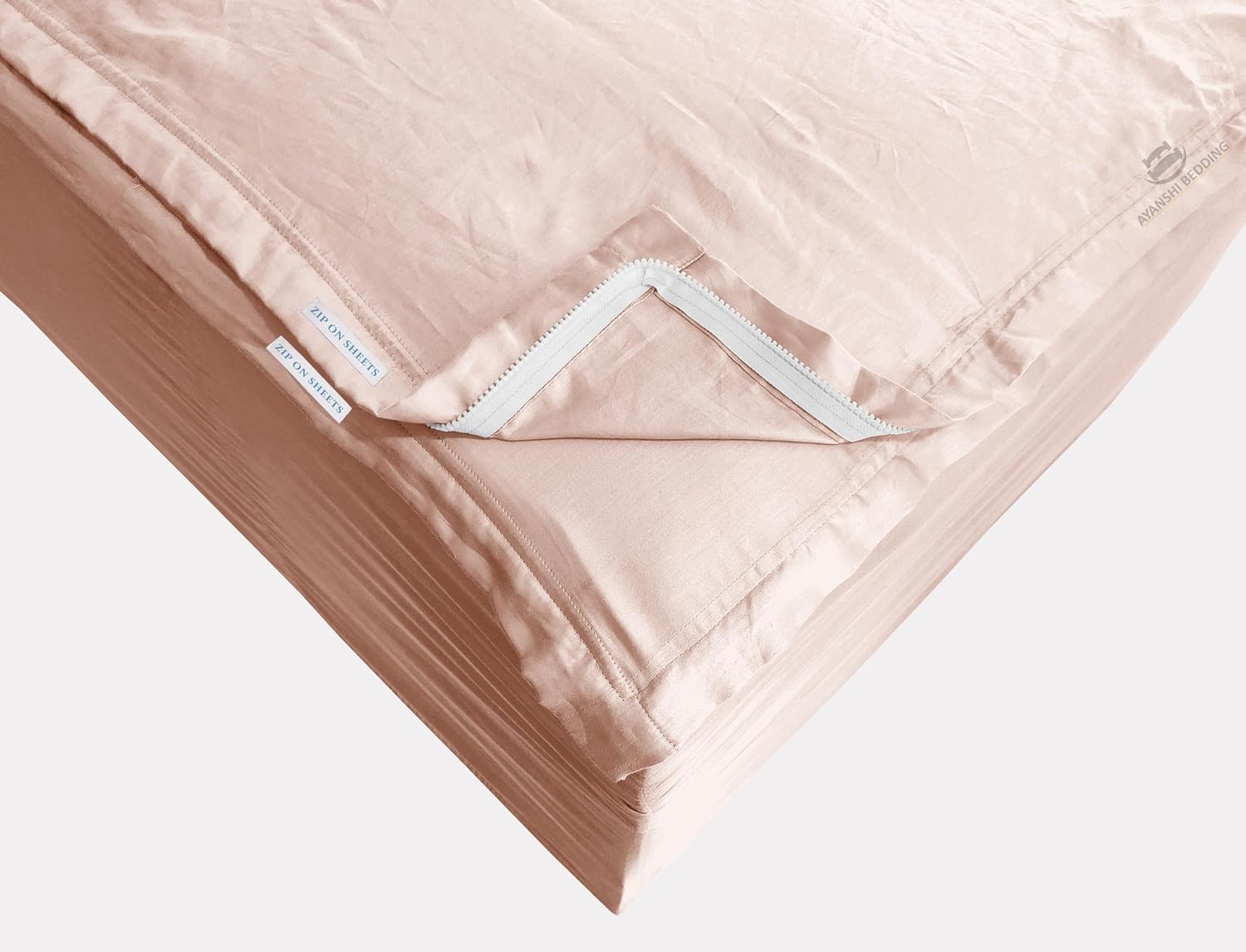 Cotton Zip On Fitted Sheet Queen - 2 Zip On Sheets & 1 Fitted Sheet Base - Upto 16' Inch Deep Pocket Queen Size Zipper Fitted Sheets - Soft & Luxury 600 TC 100% Cotton Zip Sheets - Blush