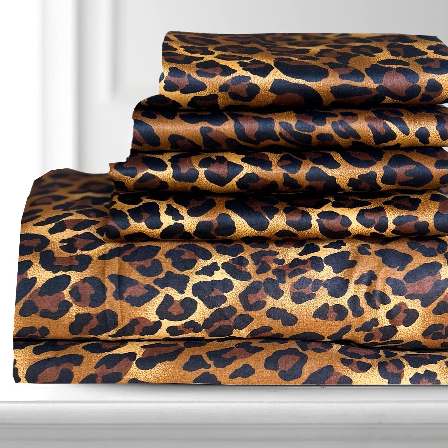 100% Giza Cotton, 1000 Thread Count, 6-PC Bed Sheet Set [Queen Size, Leopard Print Color] 18 inches Deep Pockets, Long Staple Cotton Breathable Soft Silky Sateen Weave
