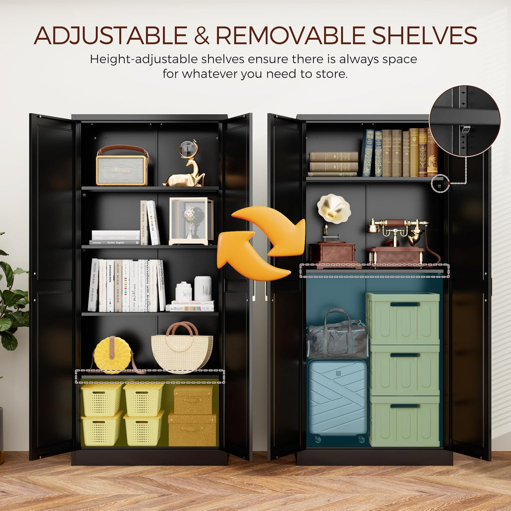 71' Tall Metal Pantry Cabinet, Black Kitchen Pantry Storage Cabinet with 4 Adjustable Shelves and Gold Handles, Cupboard for Kitchen, Dining Room, Living Room, Bathroom