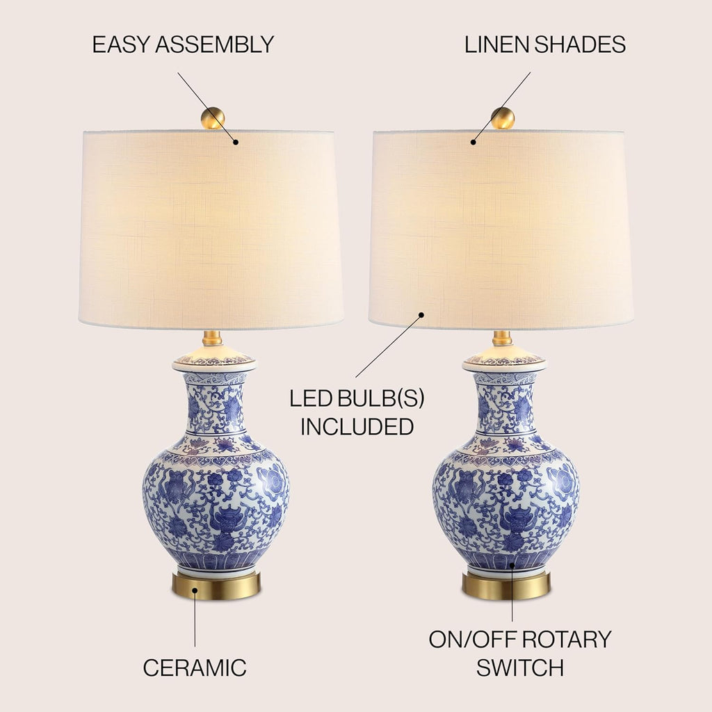 JONATHAN Y 25.25' Blue/White Ceramic Ginger Jar Table Lamp Set of 2, Traditional Brass Gold Base for Living Room Bedroom, White Linen Drum Shade, LED Bulbs Included JYL1072A-SET2