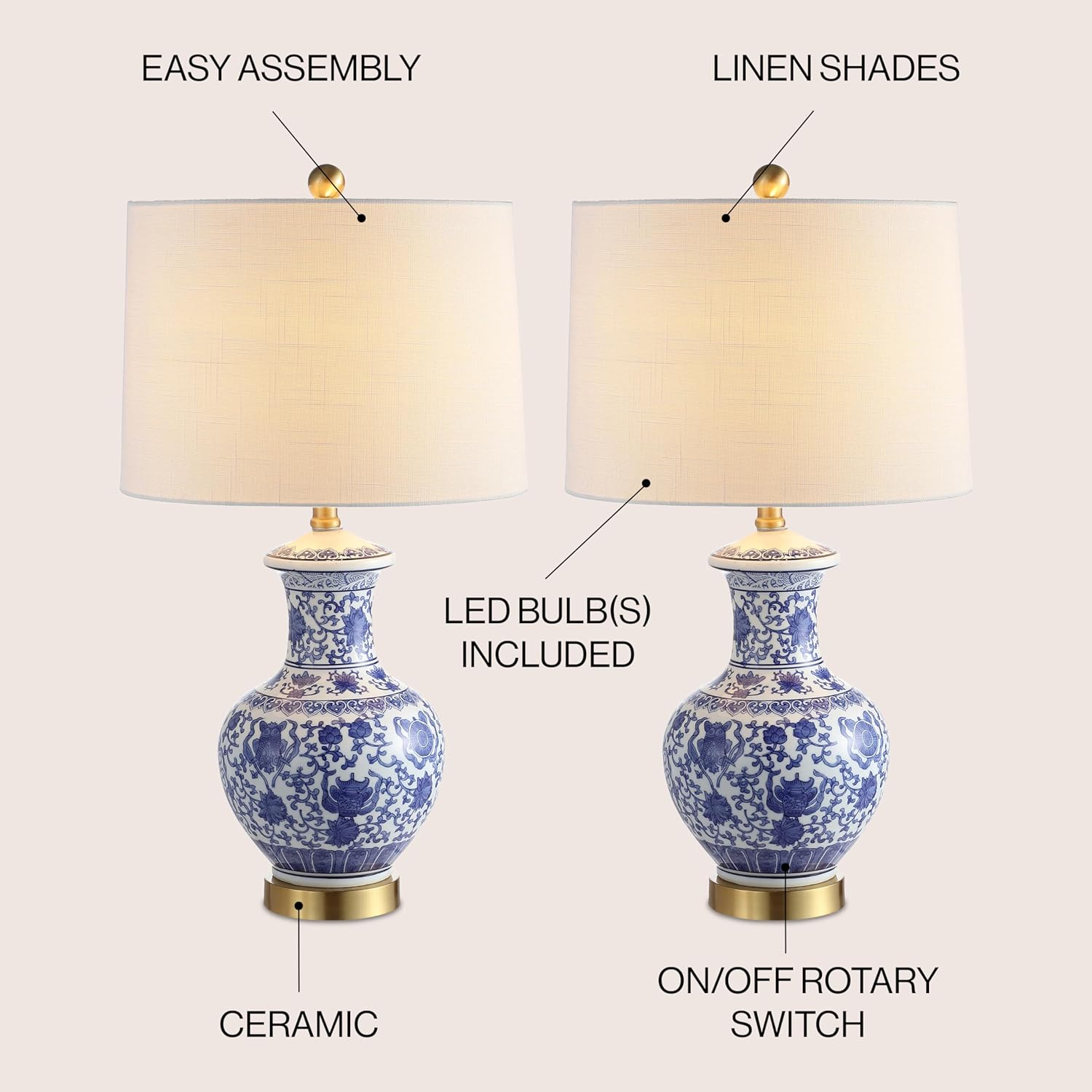 JONATHAN Y 25.25' Blue/White Ceramic Ginger Jar Table Lamp Set of 2, Traditional Brass Gold Base for Living Room Bedroom, White Linen Drum Shade, LED Bulbs Included JYL1072A-SET2