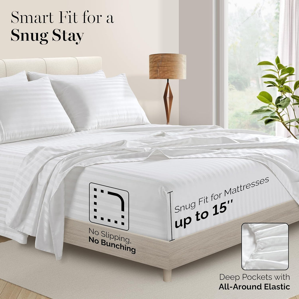 Casa Platino 100% Egyptian Cotton Sheets California King Size Set - 6 Pieces - Damask Stripe- Smooth Sateen Weave Bed Sheets, 15' Deep Pocket - Pure White Sheet Set