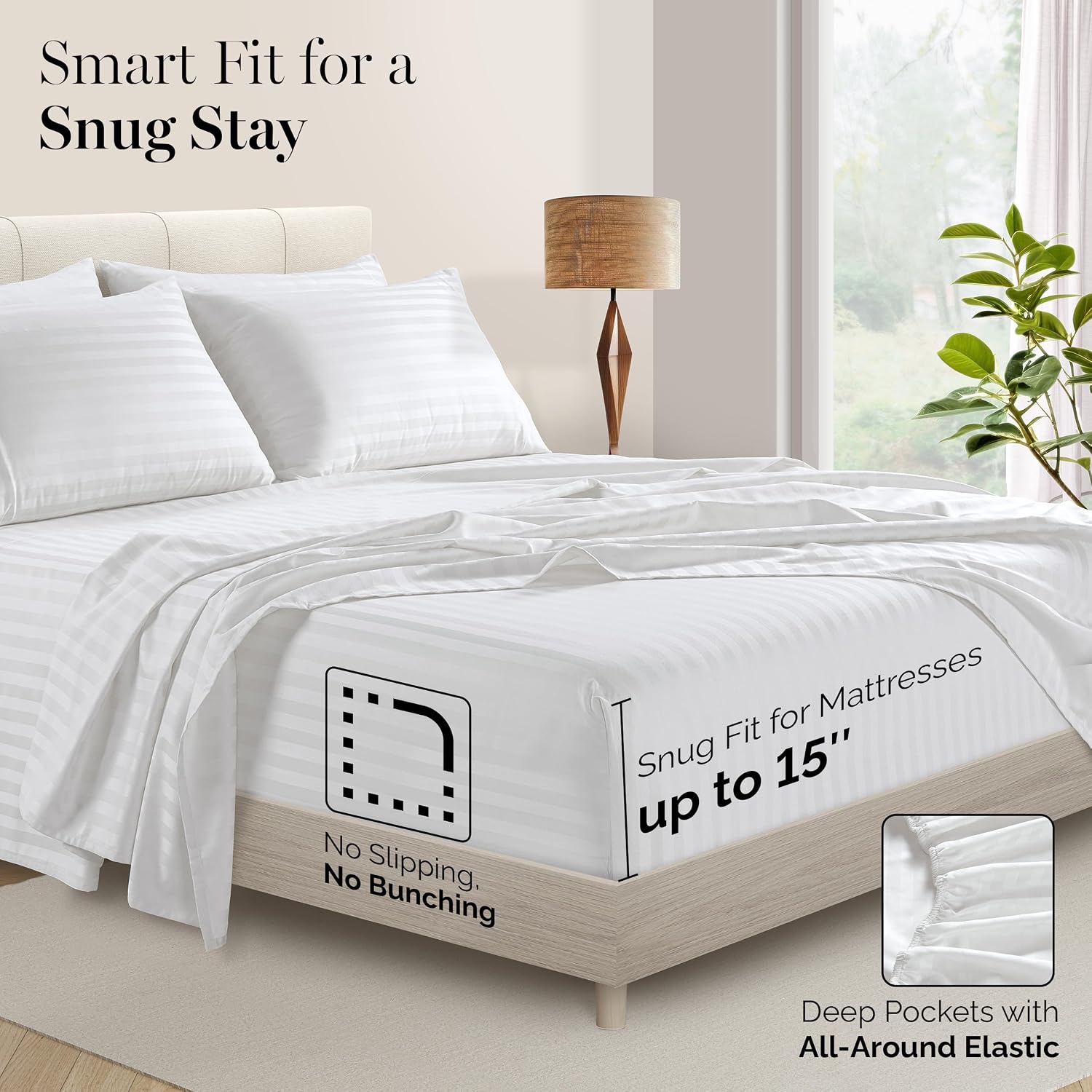 Casa Platino 100% Egyptian Cotton Sheets California King Size Set - 6 Pieces - Damask Stripe- Smooth Sateen Weave Bed Sheets, 15' Deep Pocket - Pure White Sheet Set