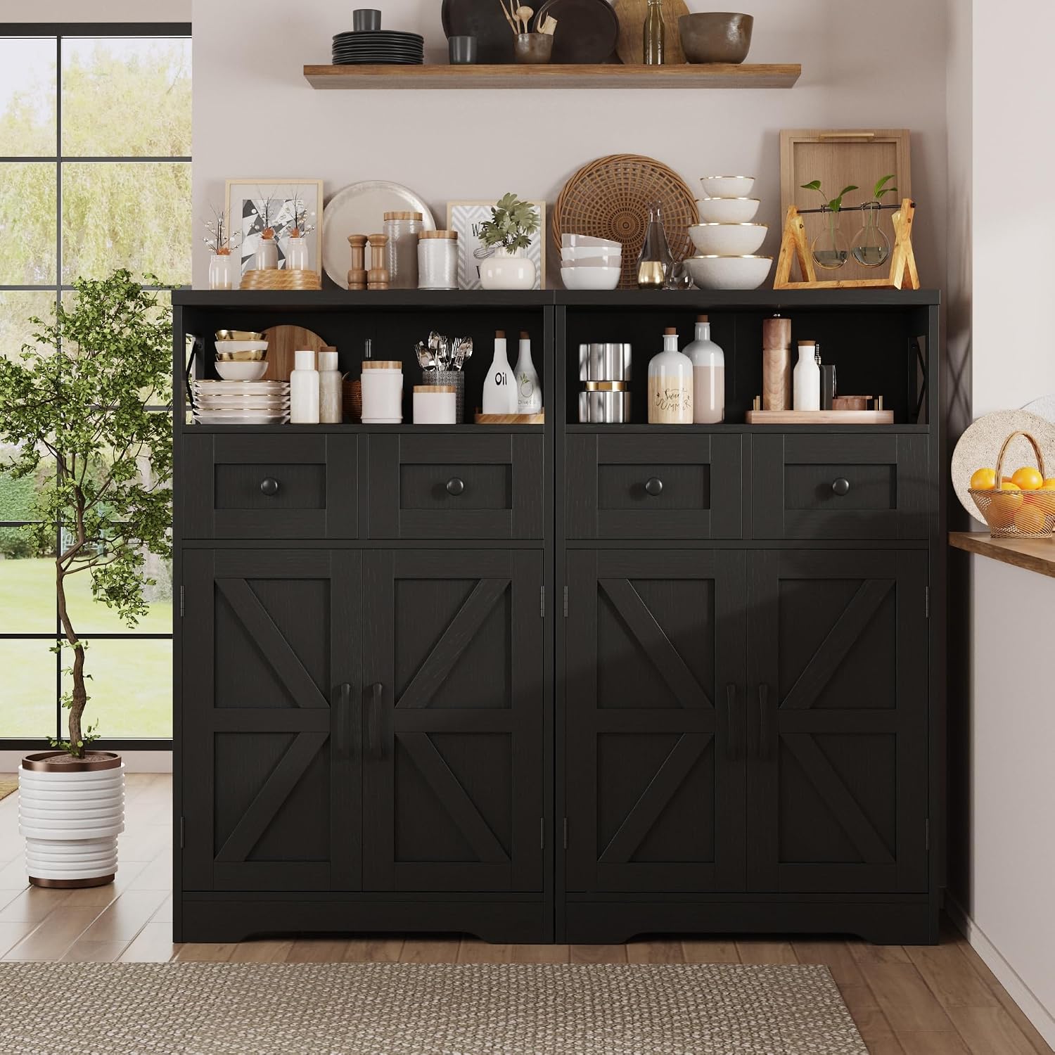 Befrases Set of 2 Black Storage Cabinet with Drawers and Shelves, Freestanding Black Kitchen Pantry, Floor Storage Cabinet Hutch Cupboard for Dining, Living Room, Home Office