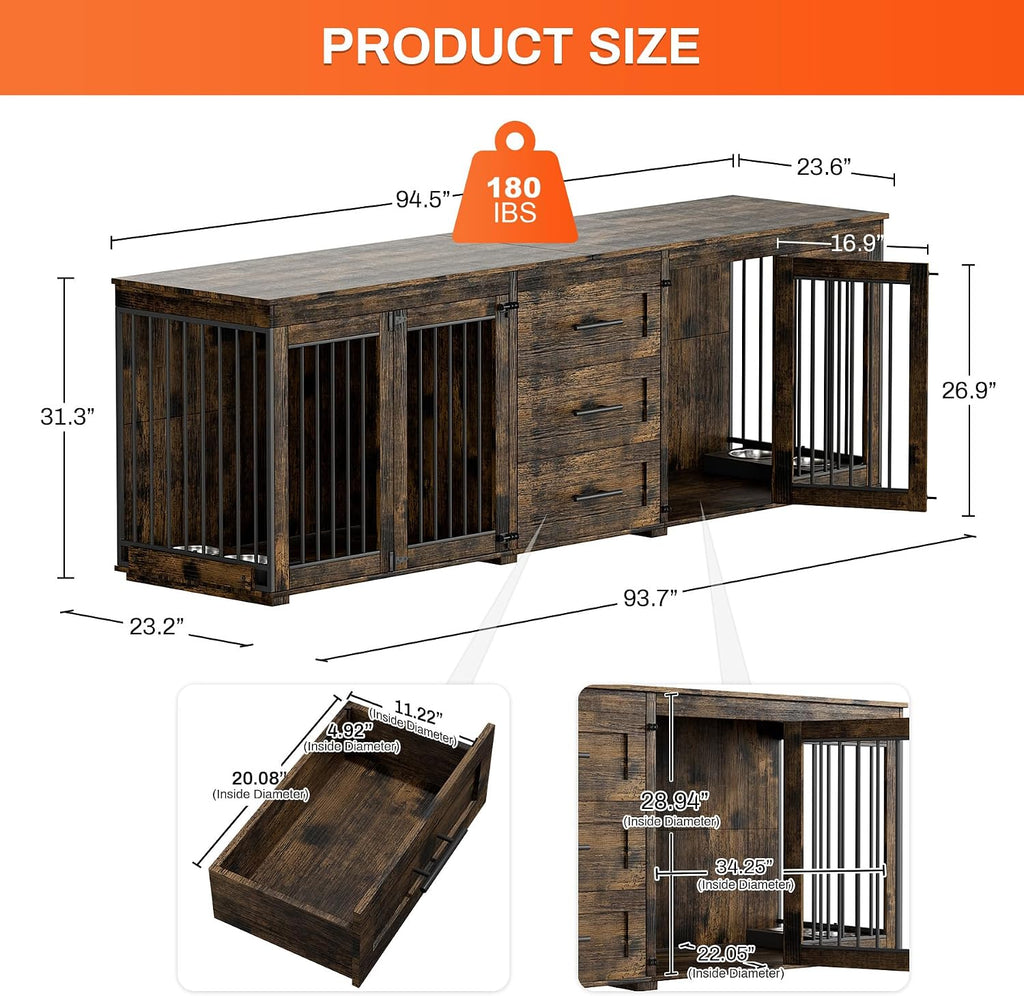 Rophefx 94.5' Dog Crate Furniture for 2 Dogs, Large Dog Kennel Furniture with 3 Storage Drawer, Wooden Dog Cage with 4 Bowls, Indoor Dog House TV Stand with Locks for Large Medium Dog, Rustic Brown