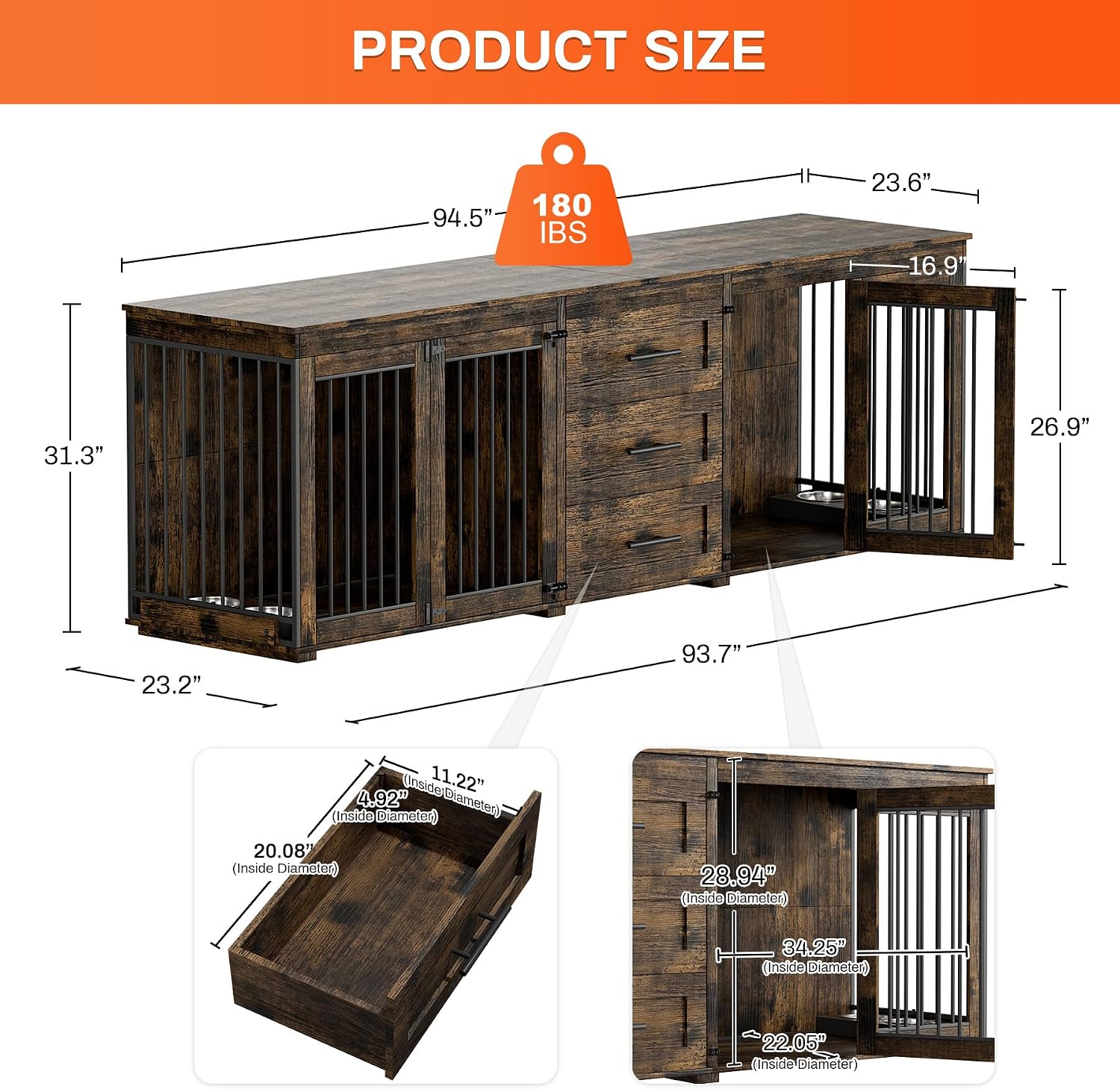 Rophefx 94.5' Dog Crate Furniture for 2 Dogs, Large Dog Kennel Furniture with 3 Storage Drawer, Wooden Dog Cage with 4 Bowls, Indoor Dog House TV Stand with Locks for Large Medium Dog, Rustic Brown