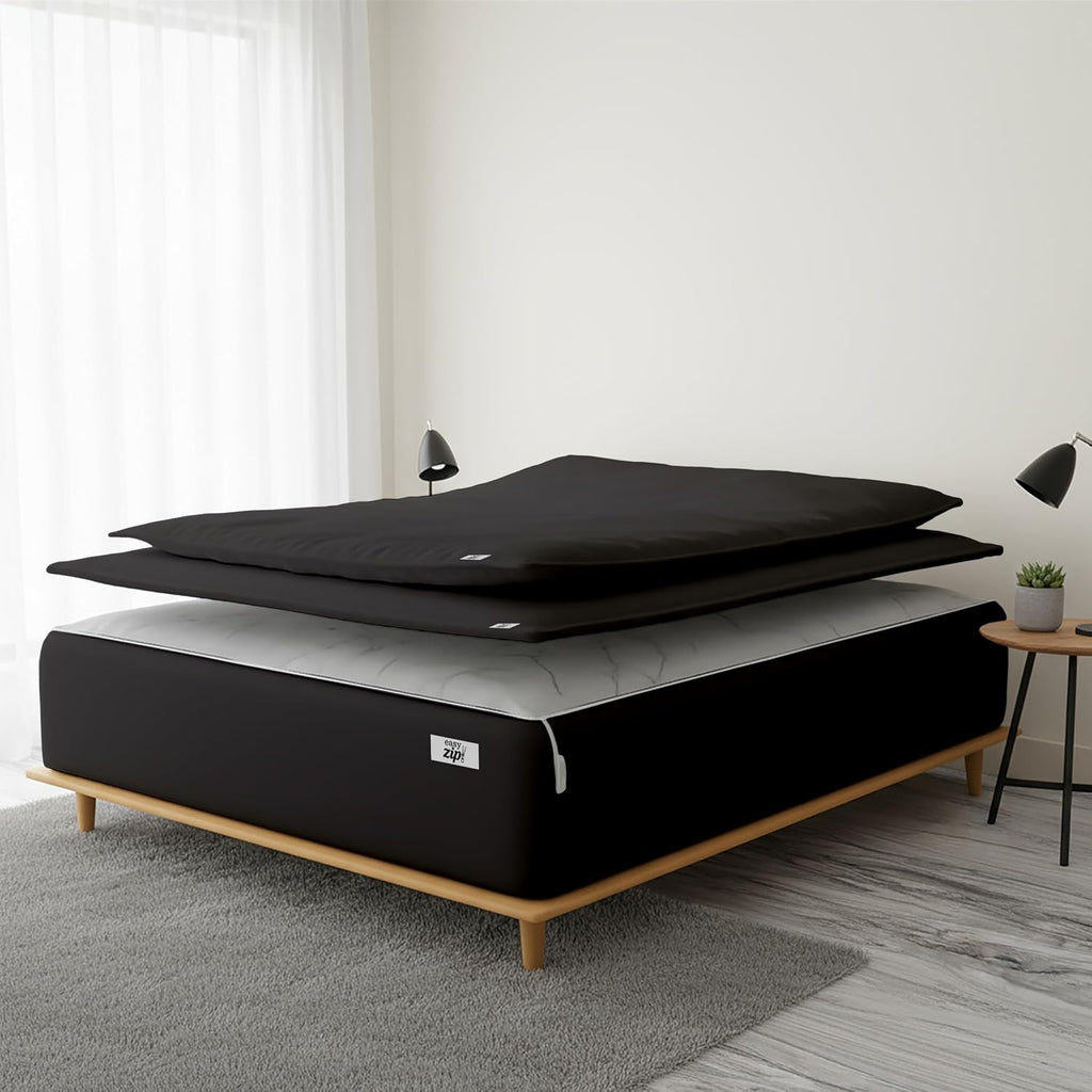 COTTON STICH 600 TC Zipper Fitted Sheet, 100% Egyptian Cotton, 18' Deep Pocket, Easy Zip Change, All-Around Secure Fit - Queen Size Bed - Black