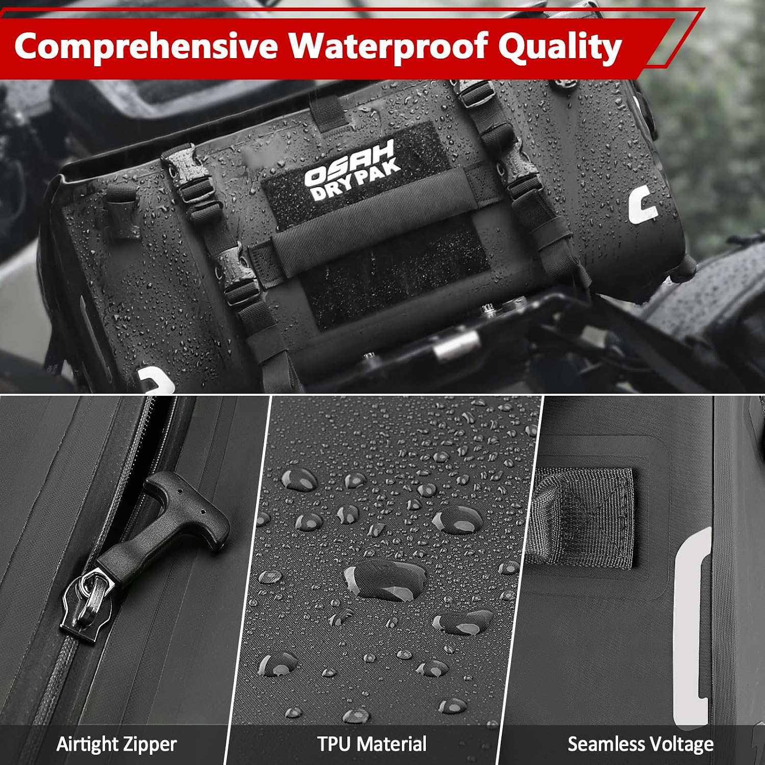 OSAH DRYPAK Waterproof Motorcycle Tail Bag, 40L Waterproof Duffel Bag, Motorcycle Dry Bag, Multifunctional Luggage Bag with Shoulder Straps for Travel, Camping, Fishing