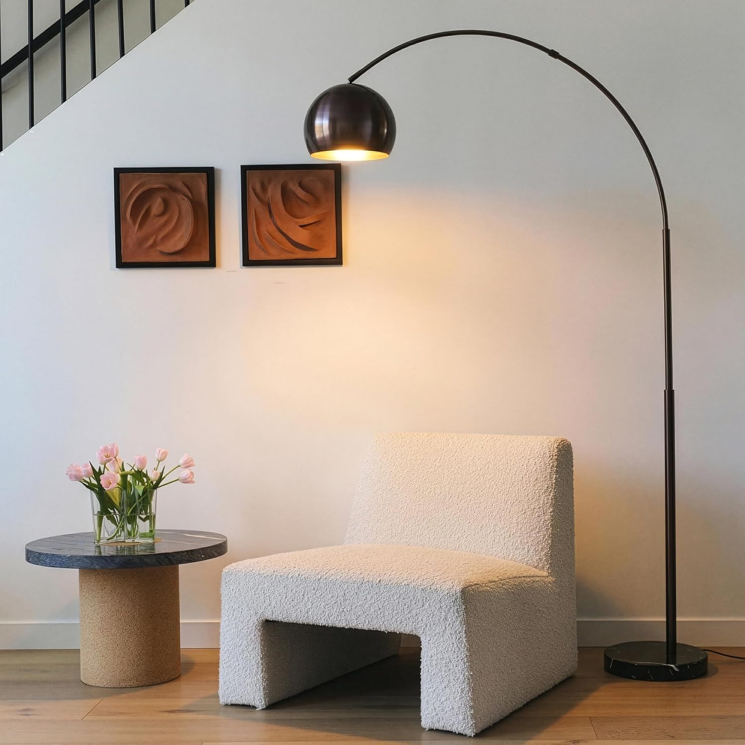 Brightech Olivia LED Floor Lamp - Tall Arc Lamp with Metal Dome Head and Marble Base for Living Room, Standing Reading Lamp with LED Bulb for Bedroom, Office - Oil Brushed Bronze