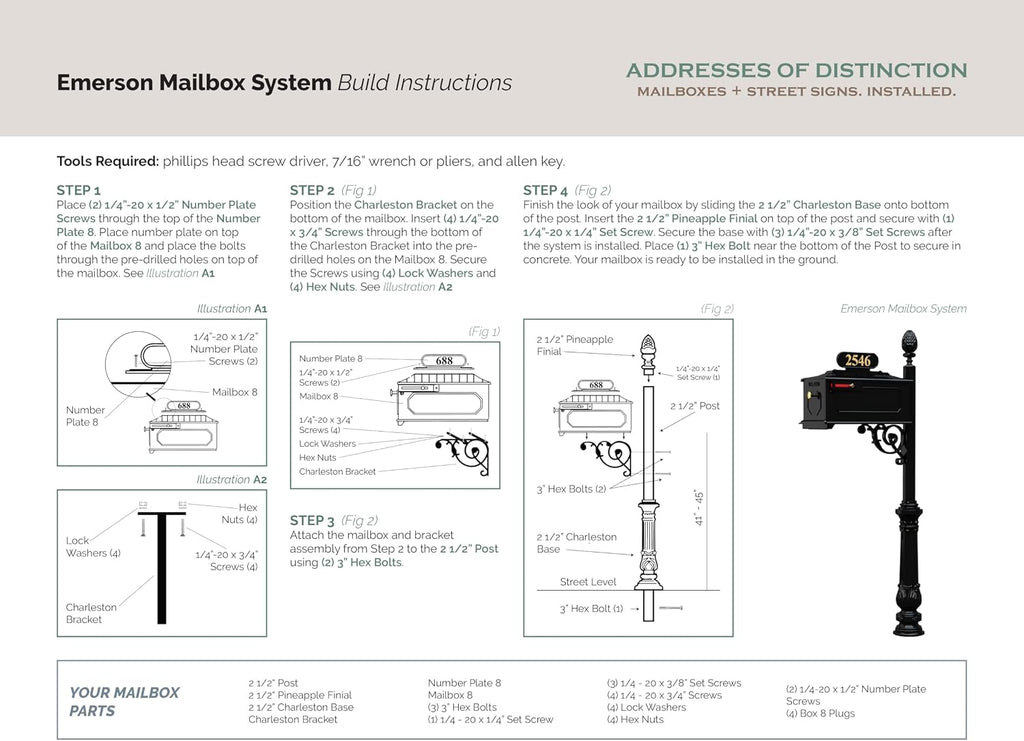 Emerson Black Mailbox with Address Plaque, Flag, and Numbers Included Complete Luxury Mailbox and Post Combo Kit (Emerson)