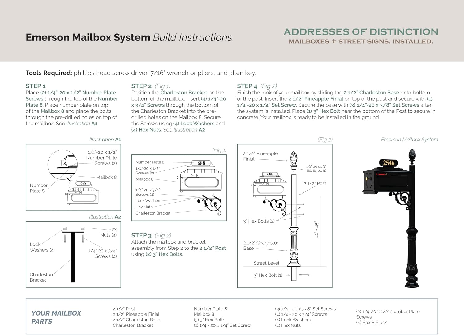 Emerson Black Mailbox with Address Plaque, Flag, and Numbers Included Complete Luxury Mailbox and Post Combo Kit (Emerson)