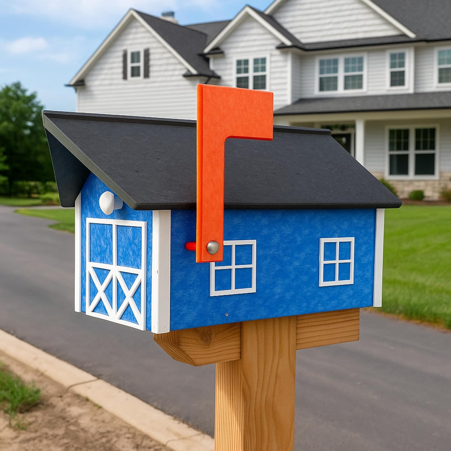 DutchCrafters Large Farmhouse Mailbox, Durable Plastic Barn Mailboxes for Outside, Post Mount Mail Box with Flag, Barnhouse Style - Amish Made in America (Black and Cedar)