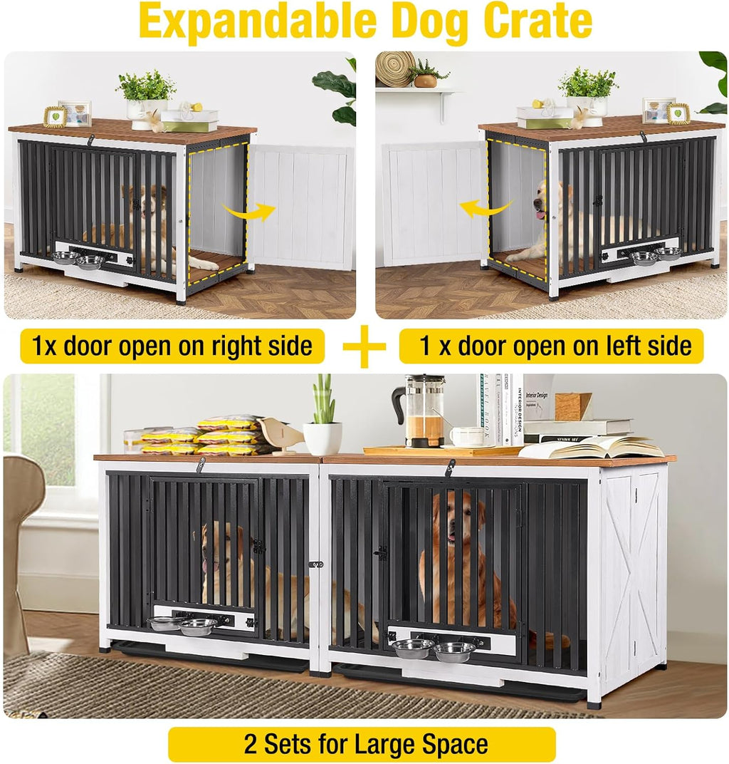 Aivituvin Dog Crate Furniture Foldable Side End Table Expandable Solid Wood Dog Kennel with 360° Rotatable Dog Bowls Indoor Cage, No Assembly Needed (Right Door Removable)