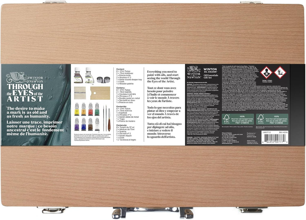 Winsor & Newton Winton Oil Colour, Wooden Paint Set 8 x 37ml Tubes (includes Liquin, Sansodor, 2 Brushes, Knife, Cloth, Godet)