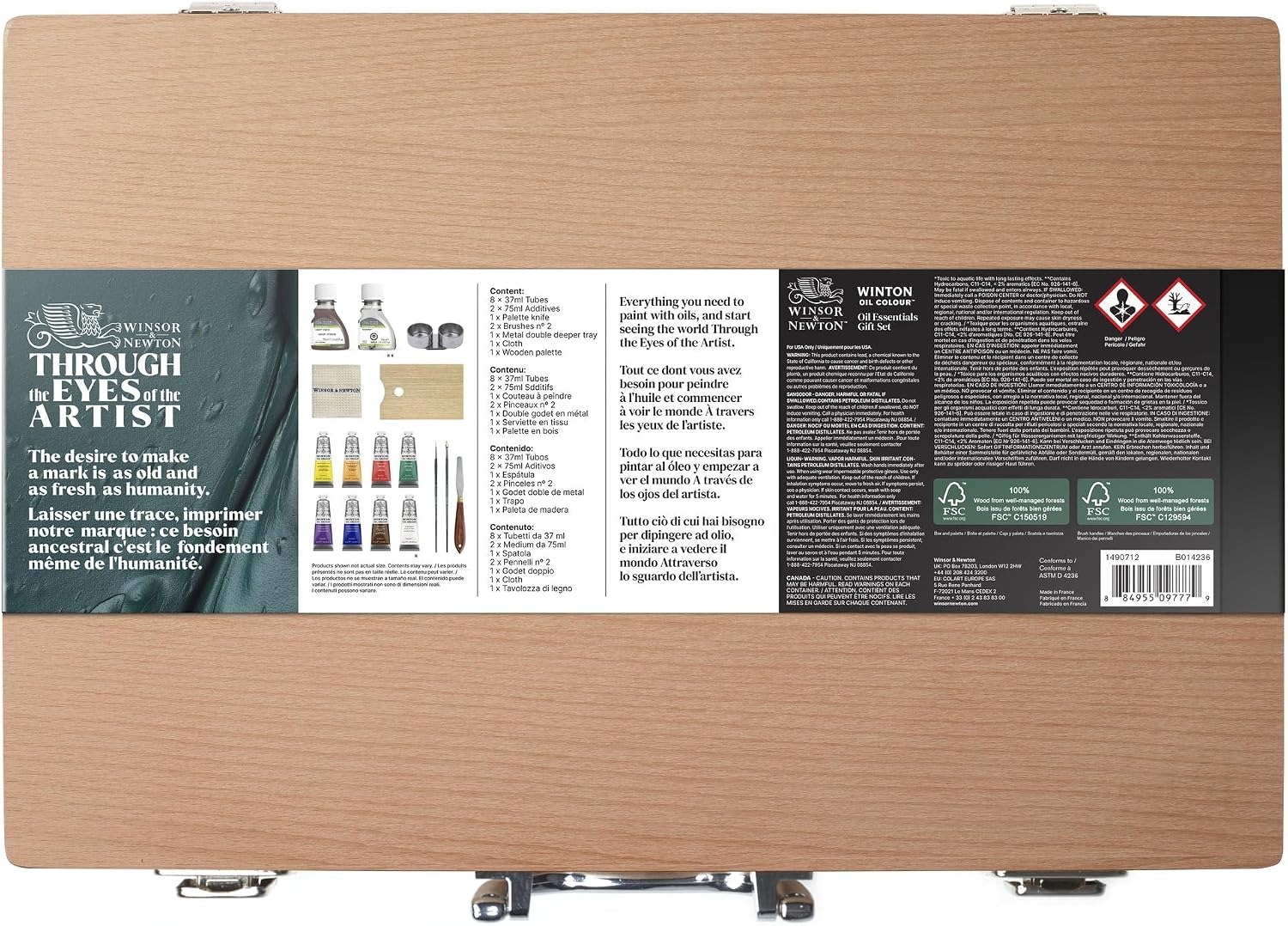 Winsor & Newton Winton Oil Colour, Wooden Paint Set 8 x 37ml Tubes (includes Liquin, Sansodor, 2 Brushes, Knife, Cloth, Godet)