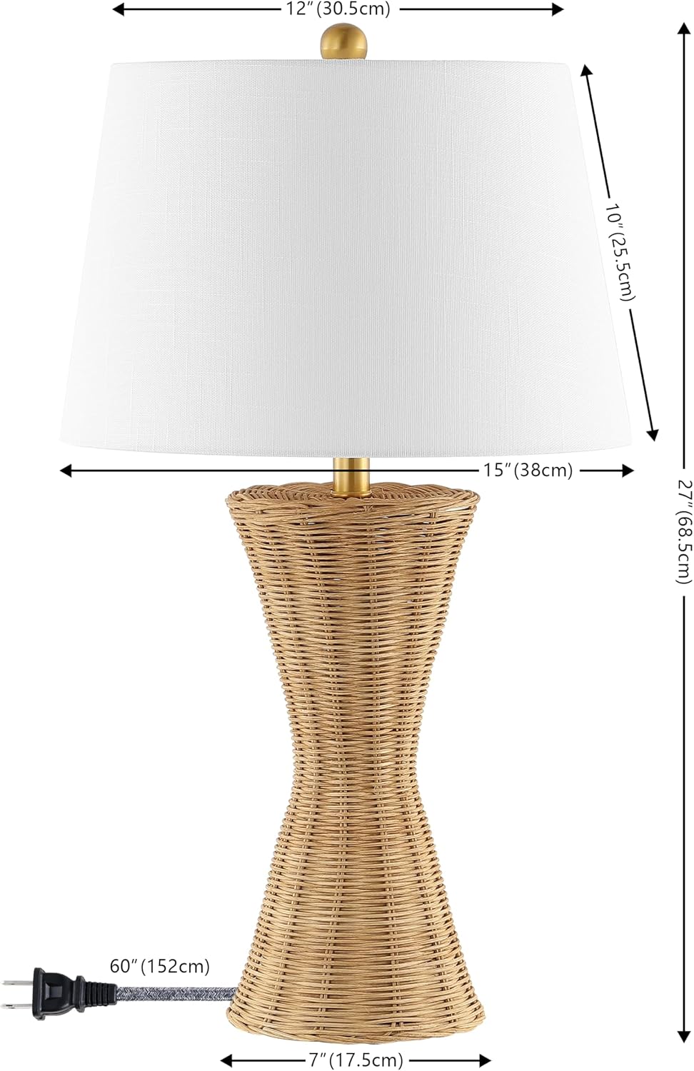 JONATHAN Y 27' Natural Woven Rattan Hourglass Table Lamp Coastal Geometric Wicker Bedside Lamp for Living Room Bedroom with White Fabric Shade Set of 2 LED Bulbs Included JYL4048A-SET2
