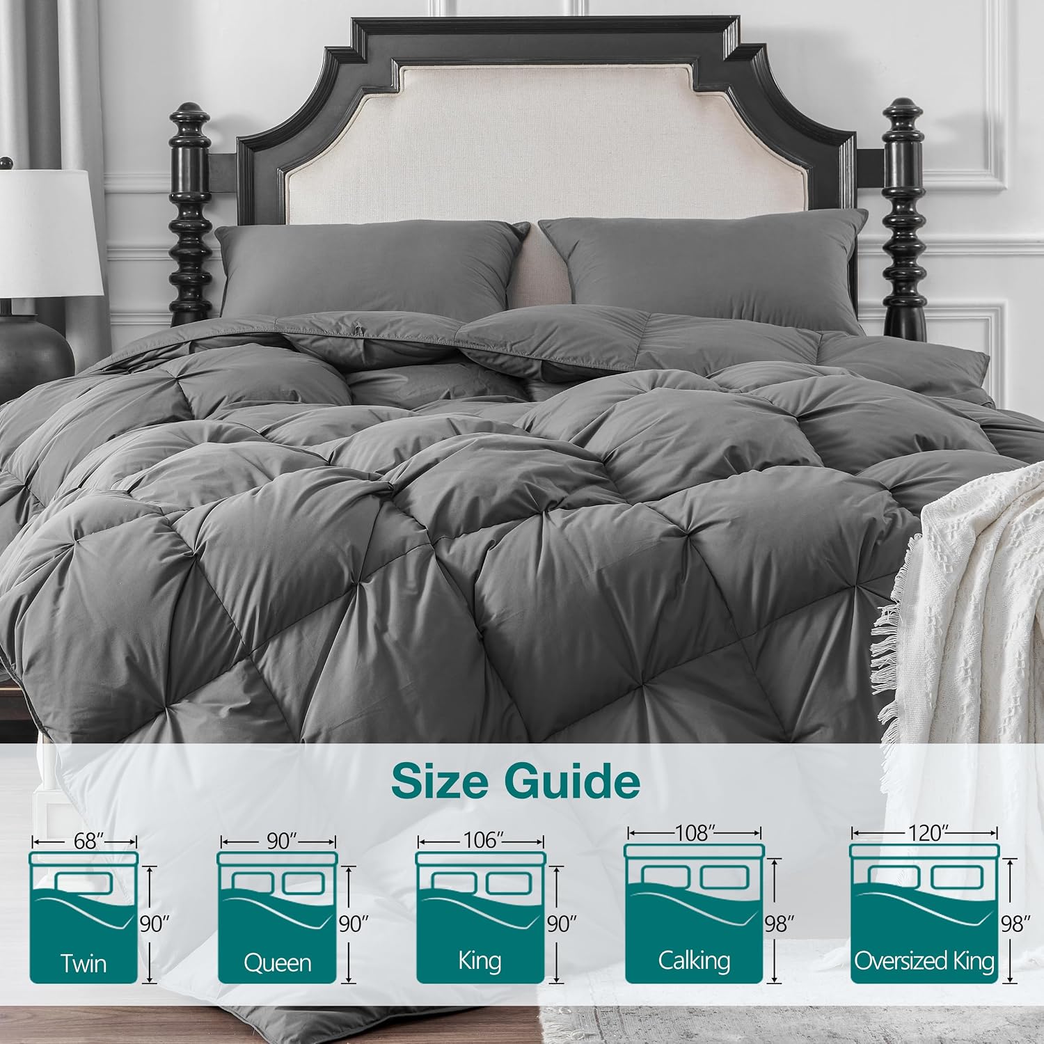 KAKABELL Pinch Pleat Goose Down Feathers Fiber Comforter King Size All Season-Ultra Soft and Cozy Noiseless Duvet Insert with Egyptian Cotton Blend Cover,Fluffy Warm Comforter Insert(Grey,90'X106')