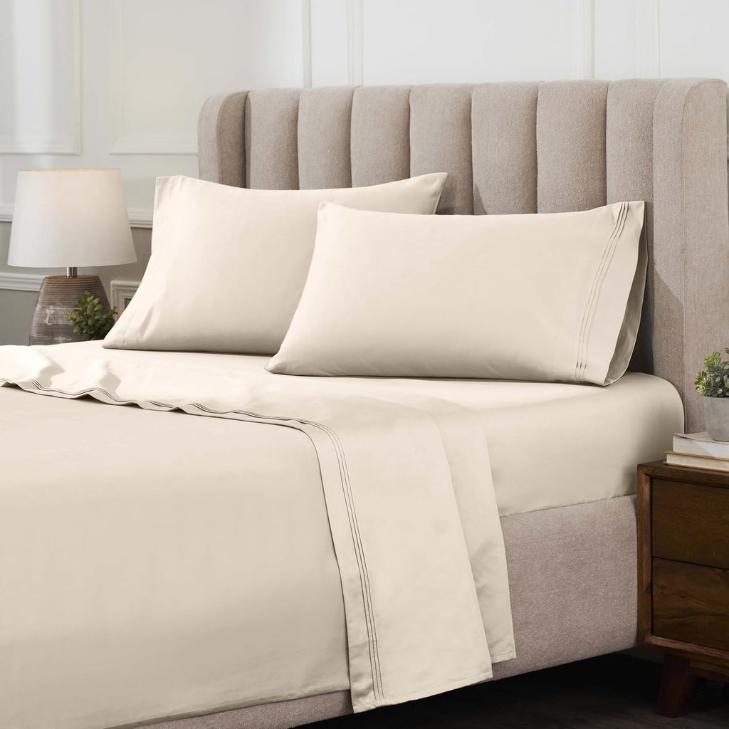 Superior Egyptian Cotton 4 Piece Sheet Set, Luxury 1500 Thread Count, Modern Design, Sustainable Sheets, Ultra-Soft Basics, Solid, Deep Pocket Fitted Sheet, Flat Sheet, Pillowcases, Queen, Ivory