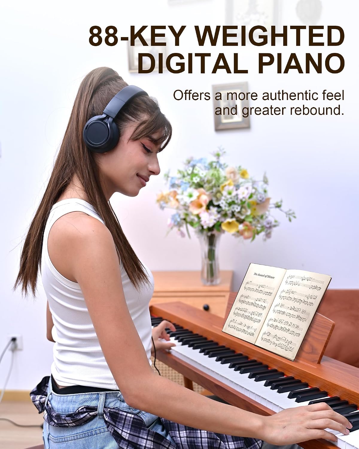 SP88G Digital Piano Keyboard with Stand & Sustain Pedal, 88 key Semi Weighted Electric Piano for Beginners and Adults, 800 Tones, 600 Rhythms, 80 Demo Songs with Headphones, USB-MIDI