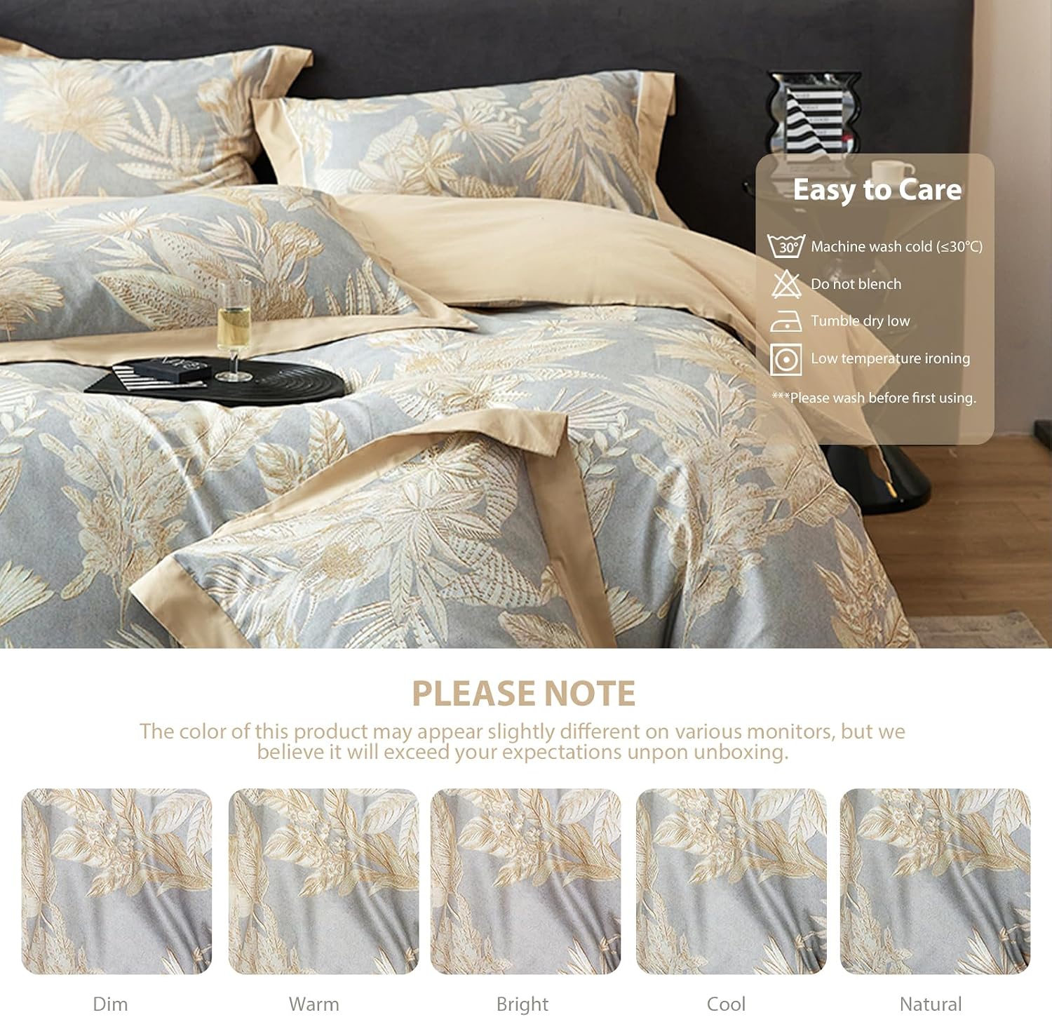 100% Cotton Duvet Cover Queen Size Set, Luxury Reversible Botanical Floral Patterned, Ultra Soft & Breathable Bedding for All Season Comfort, 3 Pieces (90'x90')