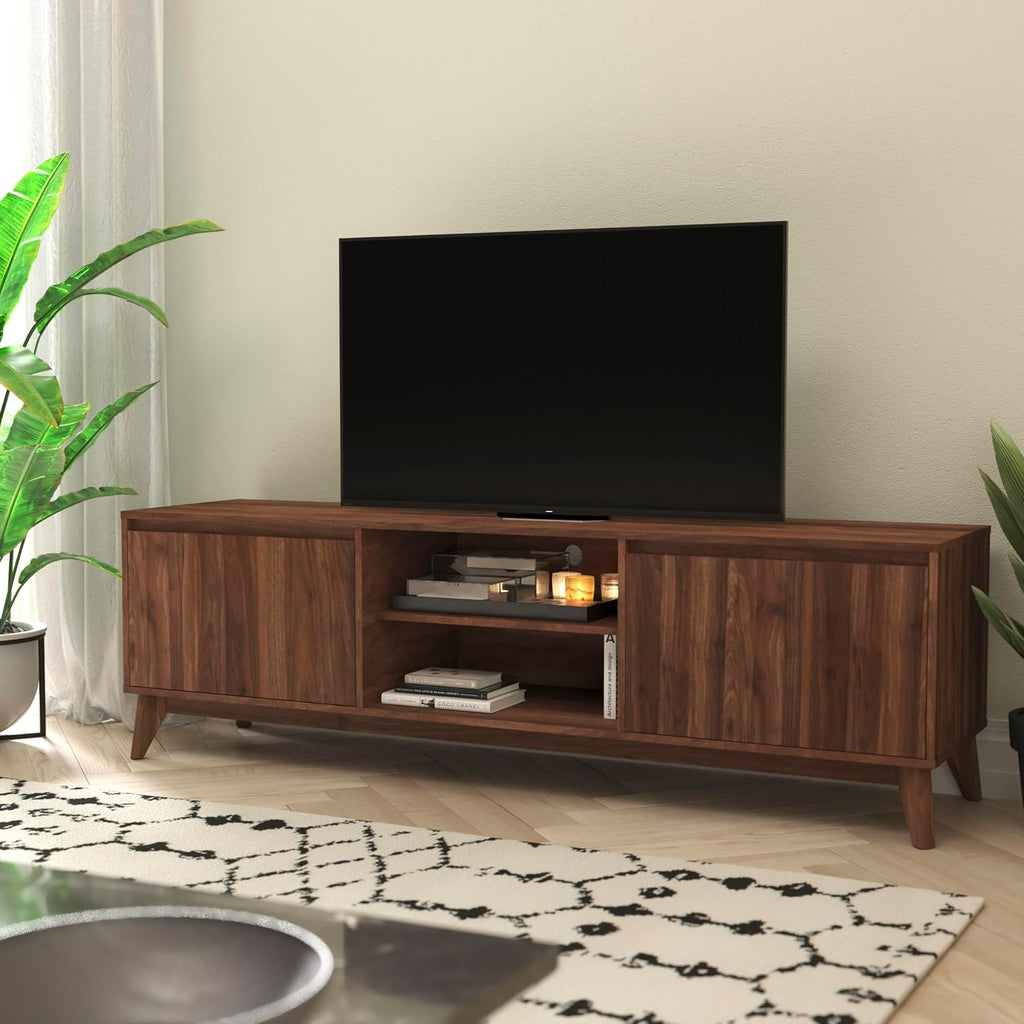 Flash Furniture Hatfield Mid-Century Modern TV Stand For 65+ Inch TV's - Walnut Laminate Finish - 70 Inch Media Center - Adjustable Center Shelf - Soft Close Doors