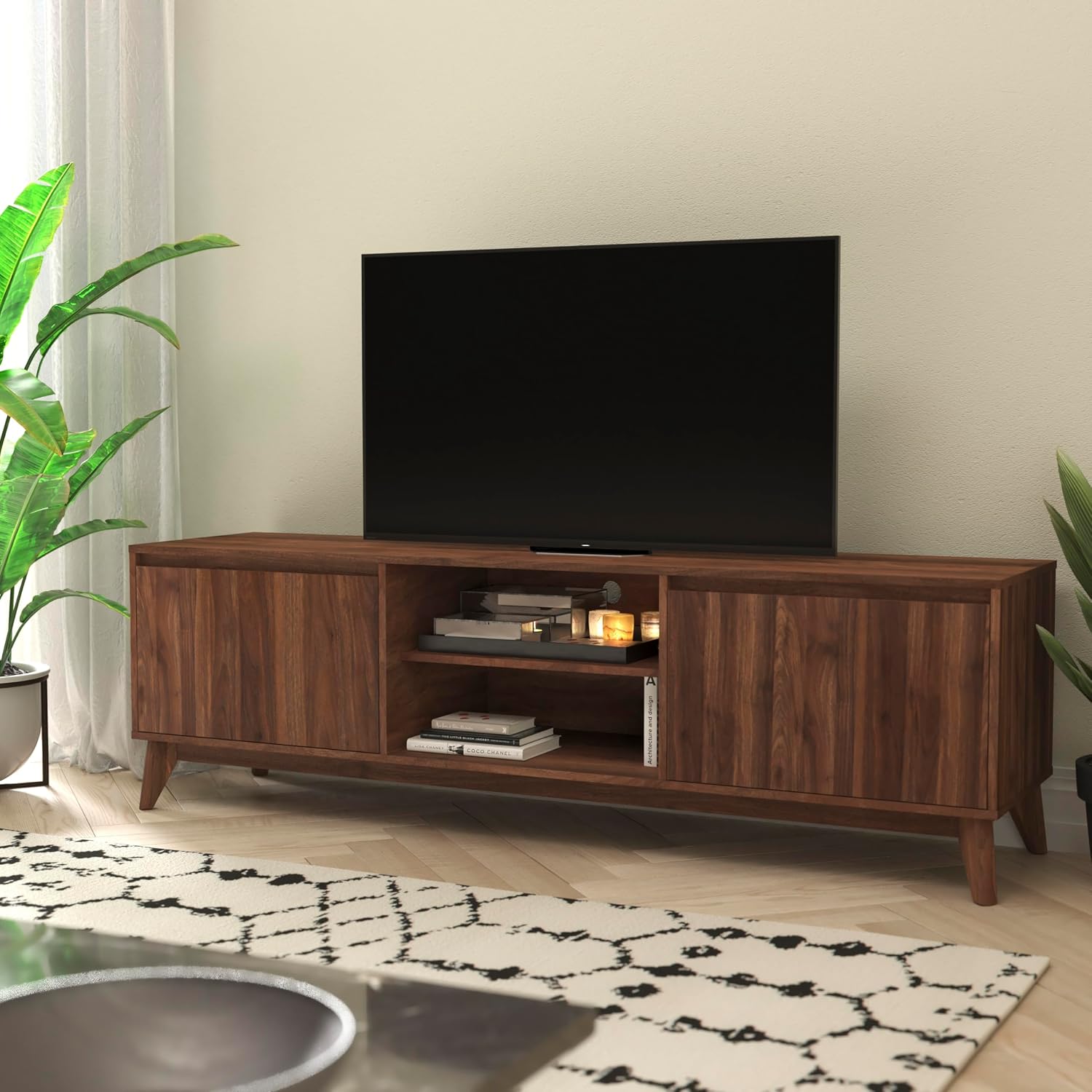 Flash Furniture Hatfield Mid-Century Modern TV Stand For 65+ Inch TV's - Walnut Laminate Finish - 70 Inch Media Center - Adjustable Center Shelf - Soft Close Doors