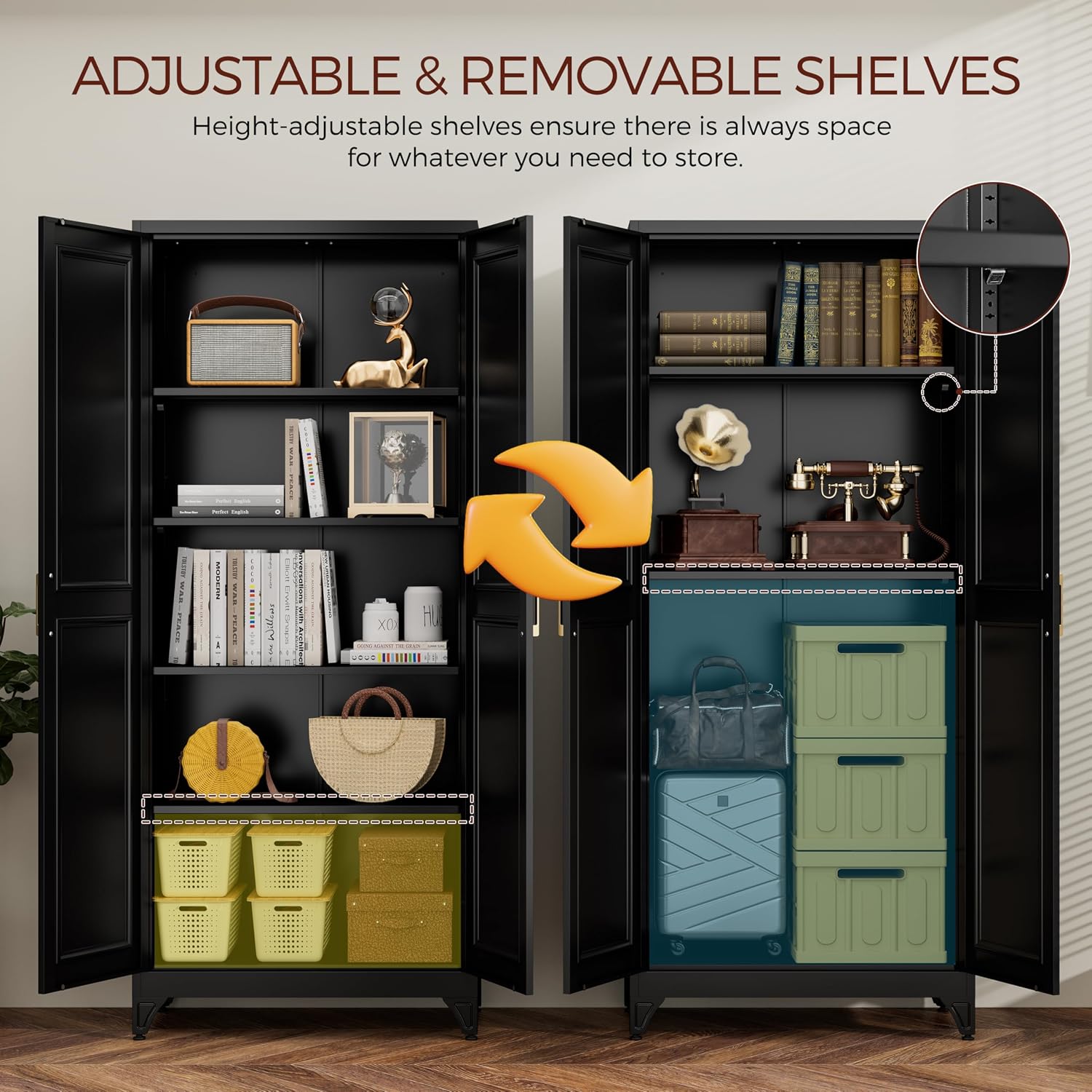 75' Kitchen Pantry Cabinet, Black Metal Storage Cabinets with 2 Doors and 4 Adjustable Shelves, Tall Pantry Storage Cabinet for Kitchen, Dining Room, Living Room