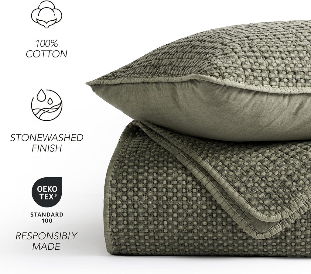 EverGrace Stonewashed 100% Natural Cotton Waffle Quilt Set Queen Size 3 Pieces, Durable, Textured & Substantial Bedding, Quilted Coverlet Bedspread with 2 Shams for All Seasons, Olive Green