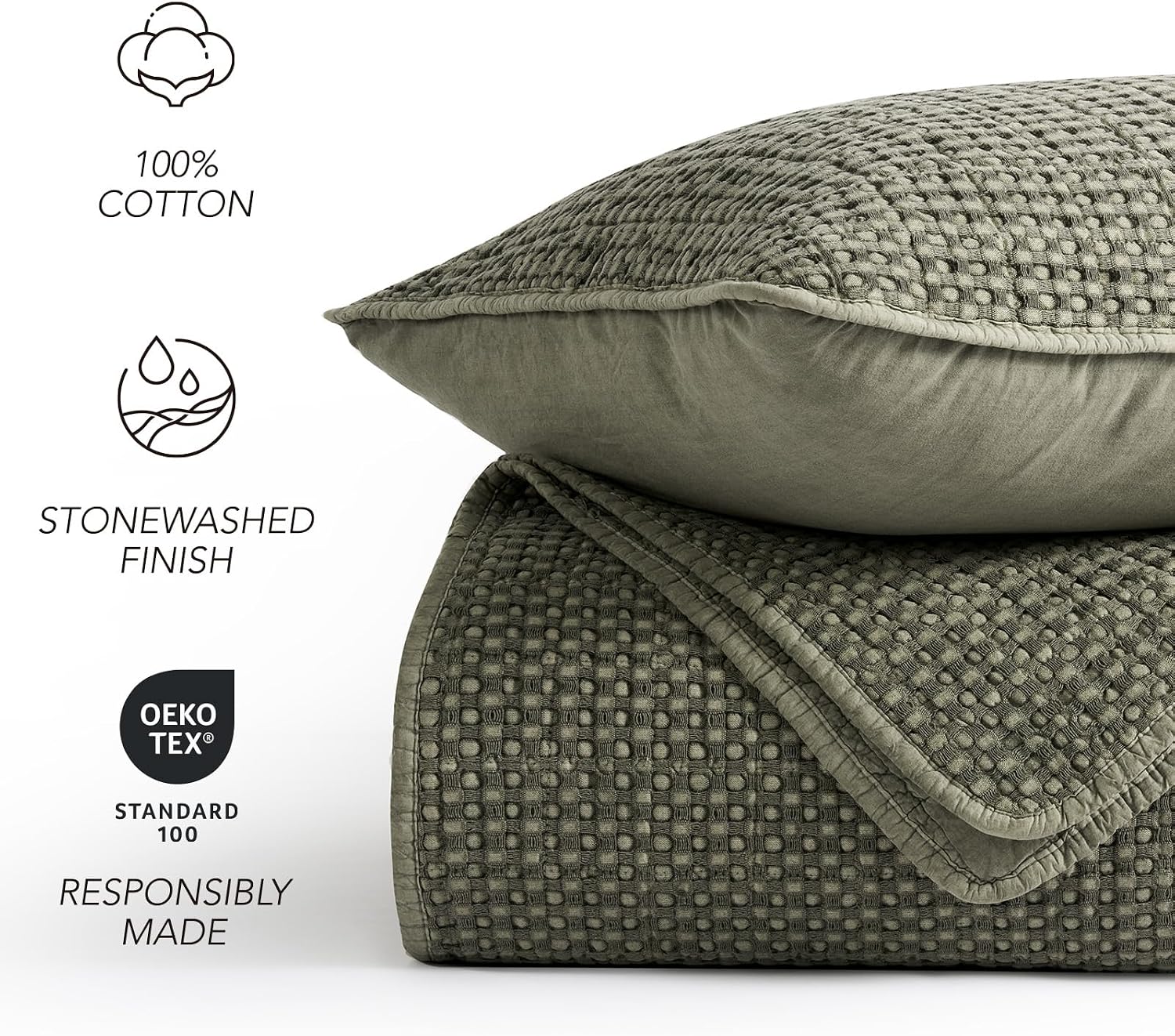 EverGrace Stonewashed 100% Natural Cotton Waffle Quilt Set Queen Size 3 Pieces, Durable, Textured & Substantial Bedding, Quilted Coverlet Bedspread with 2 Shams for All Seasons, Olive Green