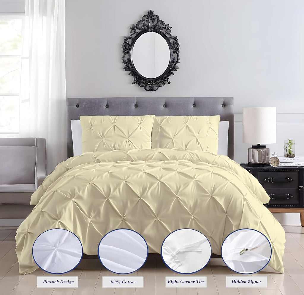 Pinch Duvet Cover Set Oversized Queen Size 1 Duvet Cover with 2 Pillow Shams 3-Pc Comforter Cover with Zipper Closure & Corner Tie 100% Egyptian Cotton Cover (98x98 Inch, Ivory)
