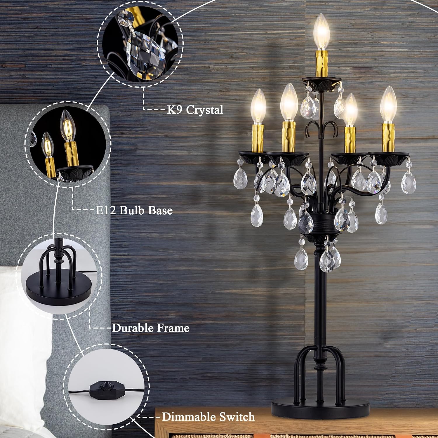 TOCHIC Black Gold Crystal Table Lamp, 5-Light Modern Bedside Lamp for Bedroom, 28' Tall Vintage Desk Lamp for Living Room, Home Office, Dining Room, Staircase, Entryway