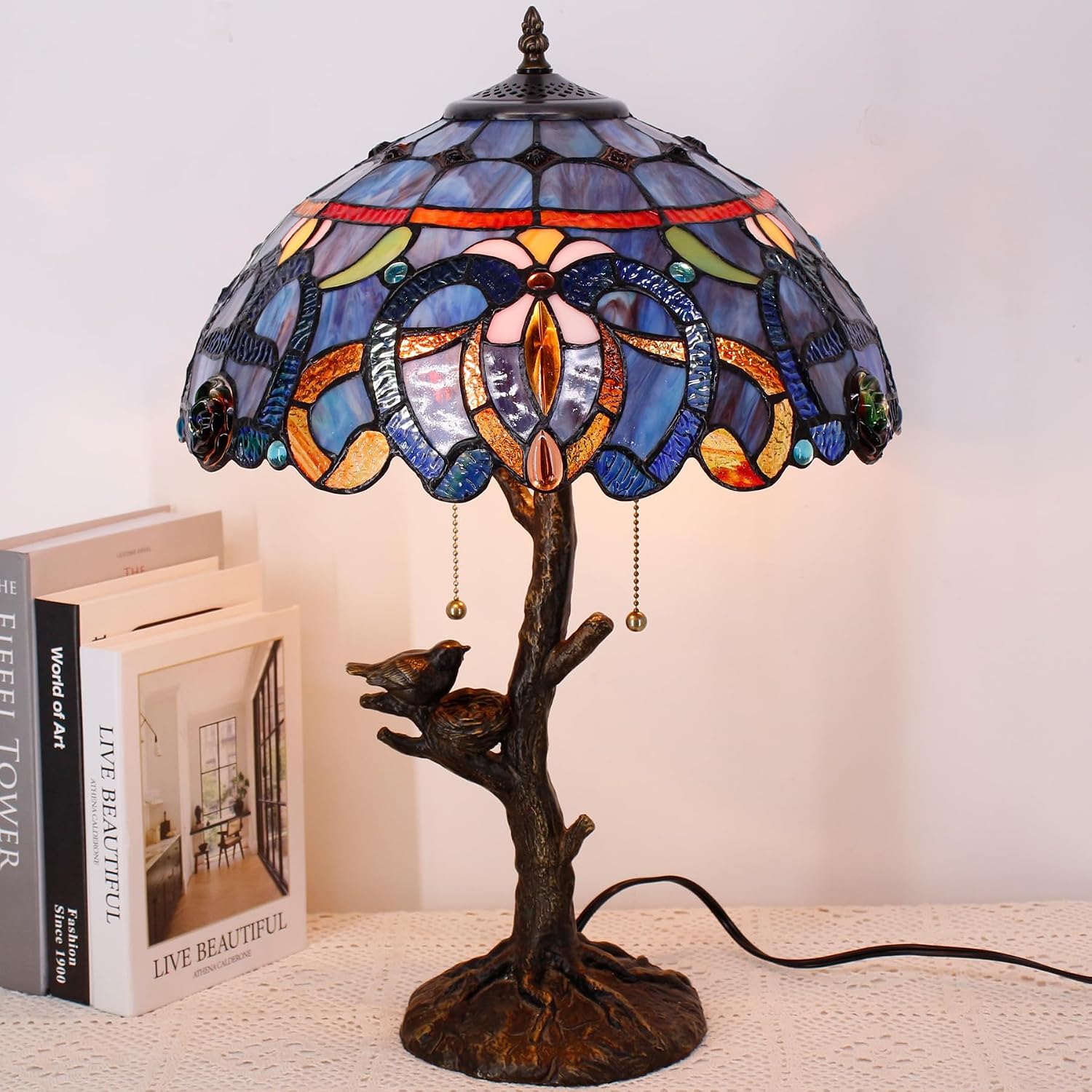 Large Tiffany Lamp Shade Replacement Only 16Inch Stained Glass Lampshade Fit For Table Lamps FLoor Lamp Ceiling Fixture Pendant Hanging Light Home Office Decoration (Blue purple)