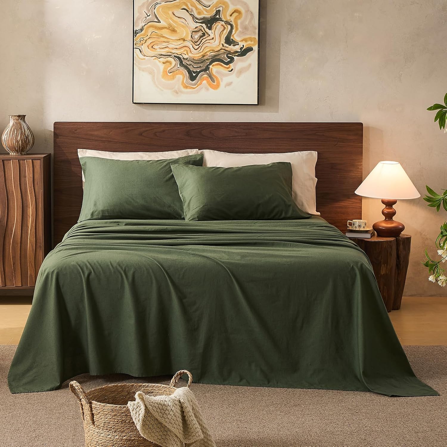 100% Linen Sheets Queen Size,Breathable & Durable 4-Piece Bed Flax Sheet Set,Soft All-Season Bedding for Hot Sleepers 16' Deep Pocket Oeko-TEX Certified,（Queen, Forest Green）