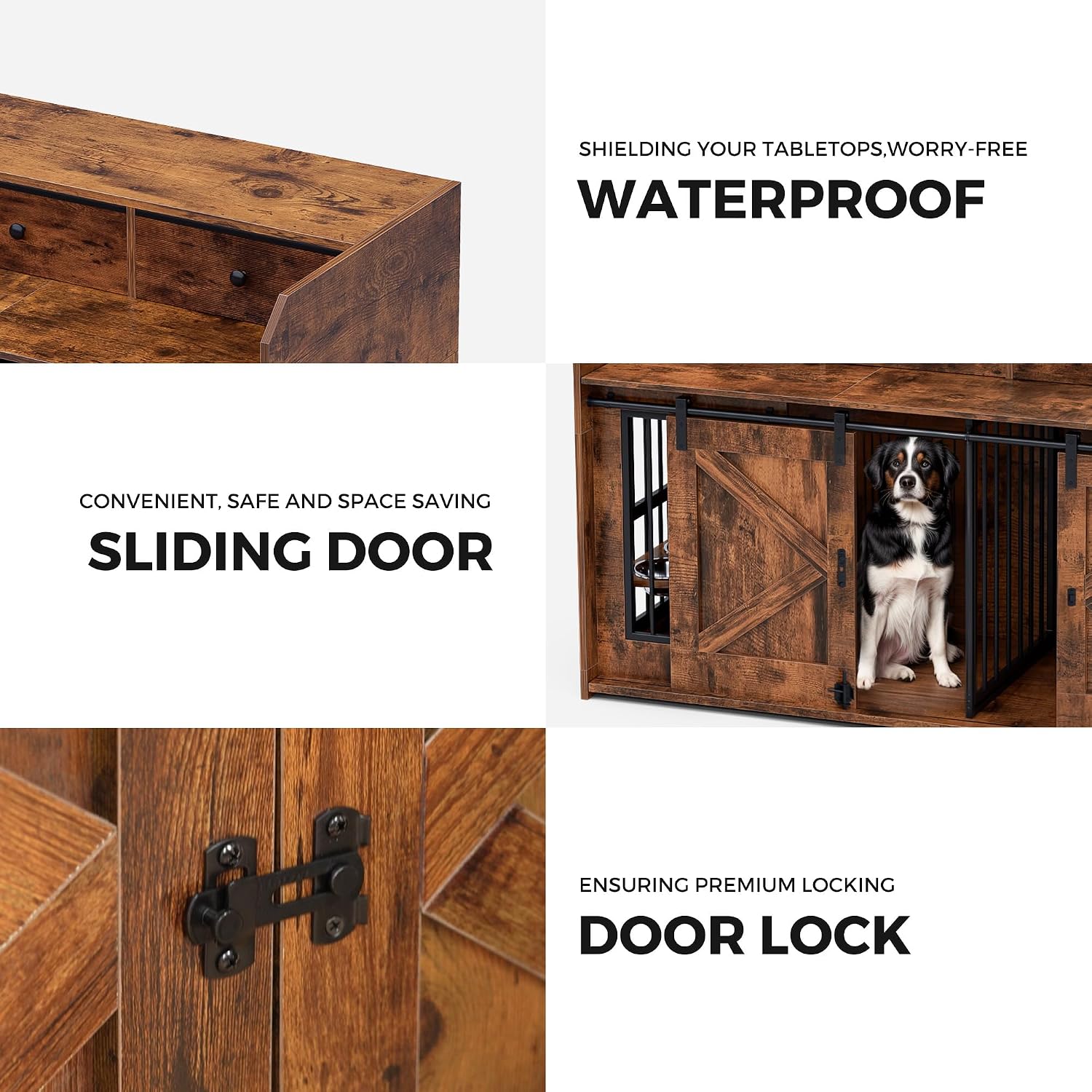 63' Double Dog Crate Furniture – Wooden Dog Kennel Indoor with Sliding Doors, Adjustable Bowls & Storage Drawers – Large Dog Crate TV Stand for 2 Dogs, Burnt Wood Color