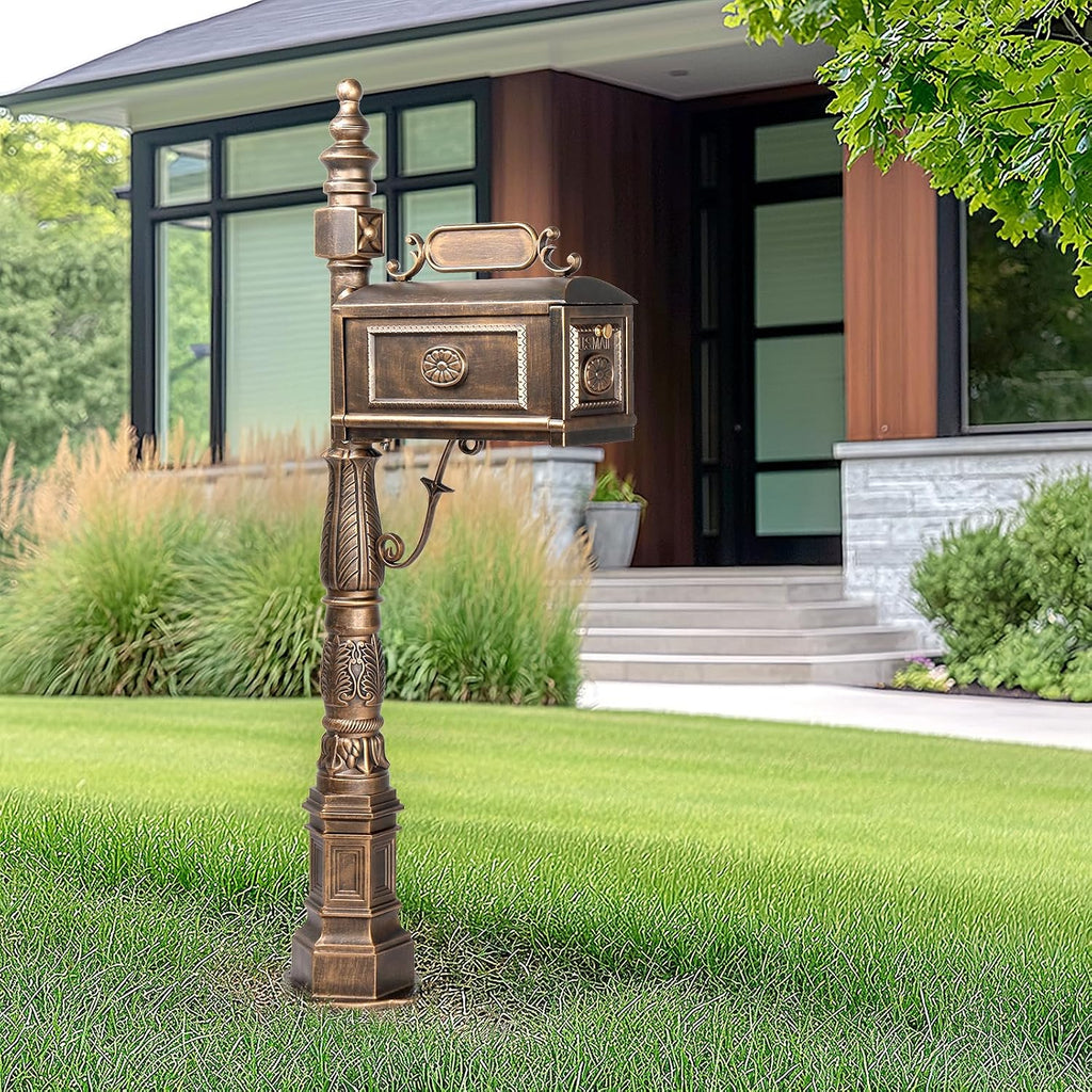 Large Metal Mailbox with Post for Outside Combo, Side Mount with Stand Outgoing Signal Flag & Address Plaque Heavy Duty Cast Aluminum Antique Bronze Vintange Mail Box Sturdy Base 22.4' x 9' x 62.6'H