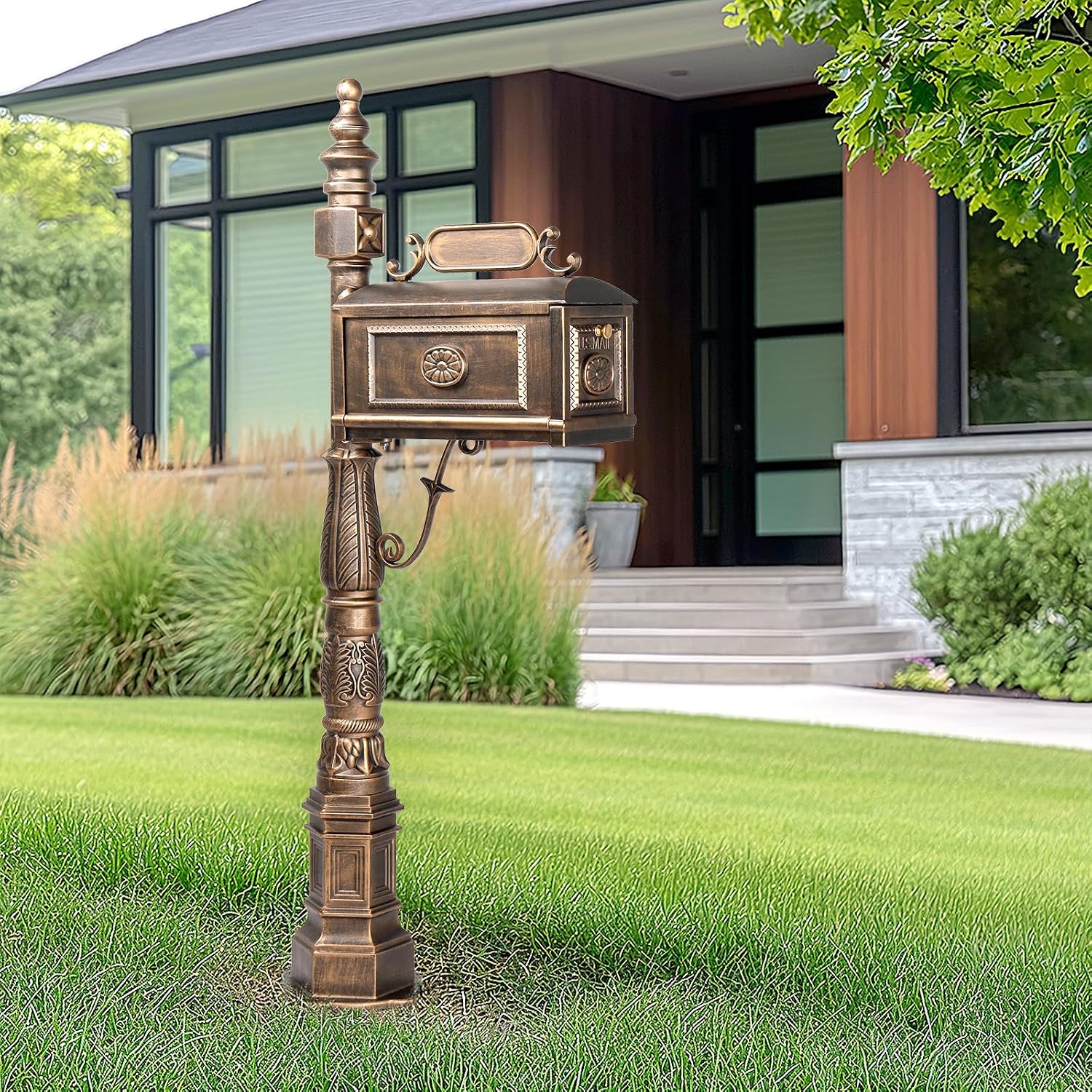 Large Metal Mailbox with Post for Outside Combo, Side Mount with Stand Outgoing Signal Flag & Address Plaque Heavy Duty Cast Aluminum Antique Bronze Vintange Mail Box Sturdy Base 22.4' x 9' x 62.6'H
