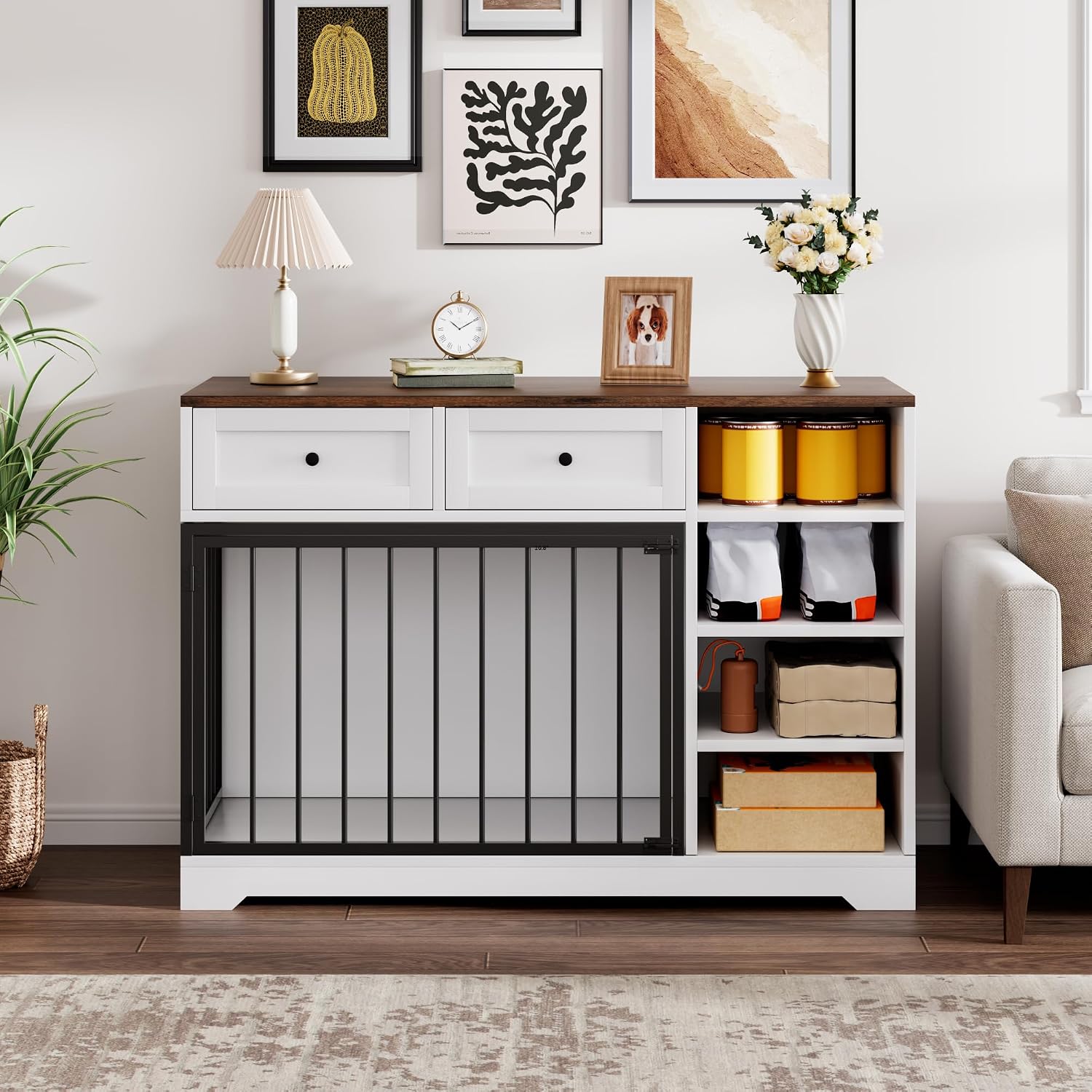 GarveeHome Dog Crate Furniture 47', Large Dog Crate TV Stand with 2 Drawers and 4 Shelves, Wooden Dog Kennel Indoor, Decorative Dog Cage with Storage for Large Dogs, White