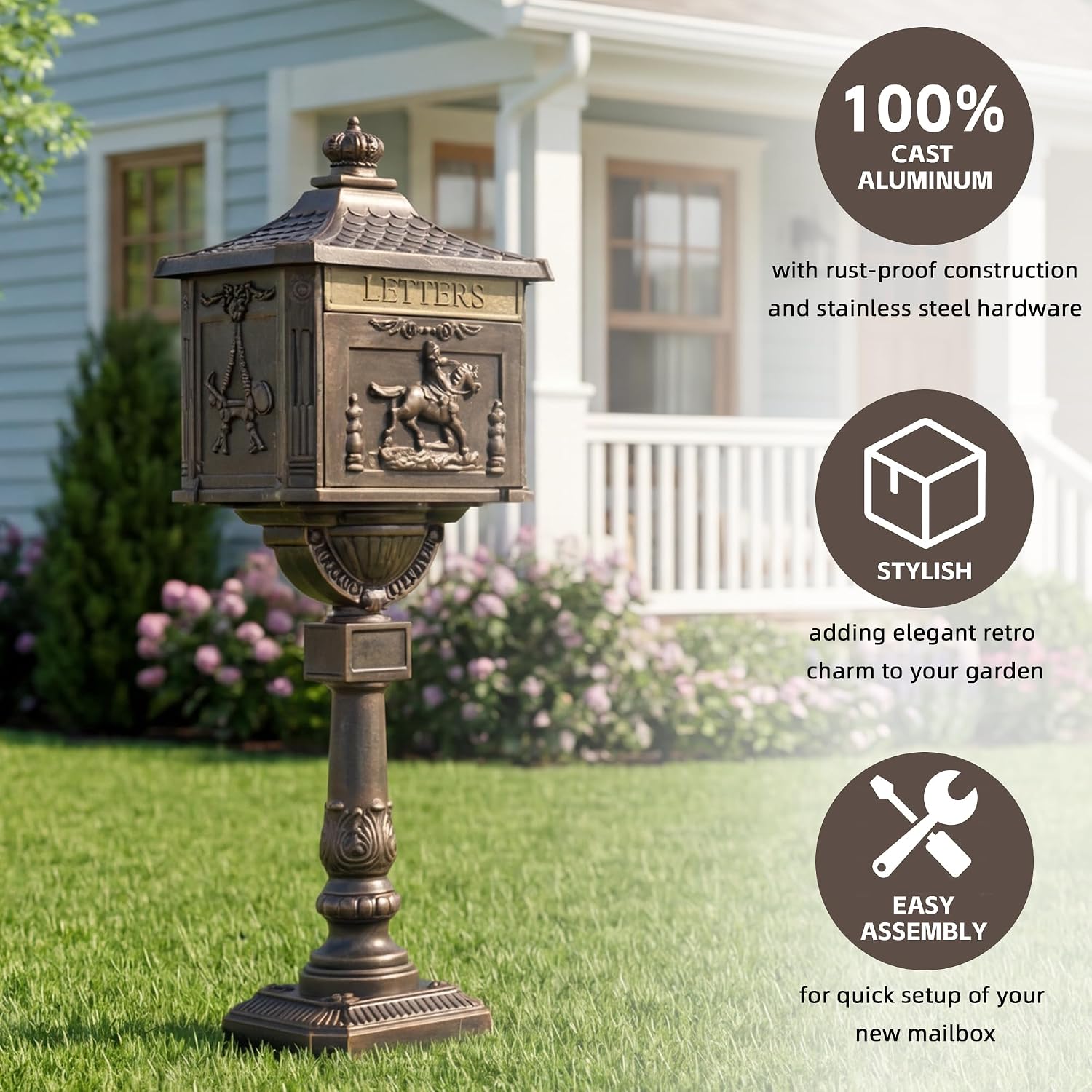 Cast Aluminum Locking Mailbox, Heavy Duty Security Postal Box, Retro Mid-Century Outdoor Mailbox with Key Lock, Weatherproof Anti-Theft Design, Easy Installation, Bronze