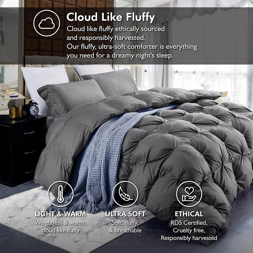 Luxurious Full/Queen Goose Down Comforter, Unique Gray Pinch Pleat, 600 Thread Count, 100% Egyptian Cotton Cover, 70 Oz Fill Weight, 750 Fill Power