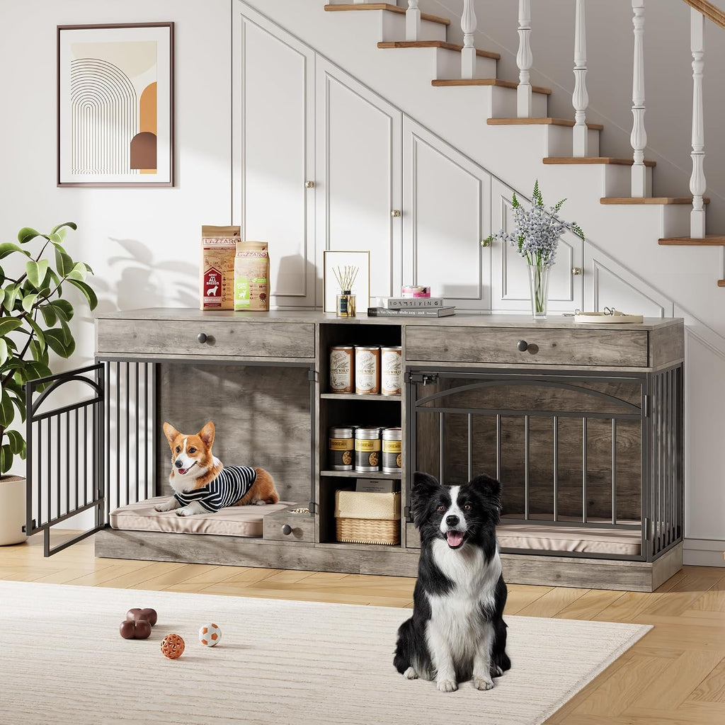 Garvee Dog Crate Furniture for 2 Dogs, Dog Kennel Indoor with Storage and Feeding Bowls, Double Dog Crate TV Stand for Small Medium Dogs, Grey