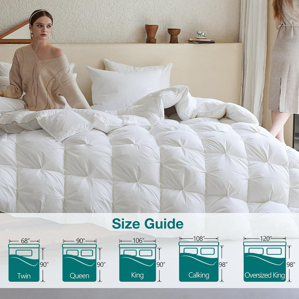 KAKABELL Pinch Pleat Goose Down Feathers Fiber Comforter Cal King Size All Season-Ultra Soft and Cozy Noiseless Duvet Insert with Egyptian Cotton Blend Cover,Fluffy Warm Comforter (White,98'X108')