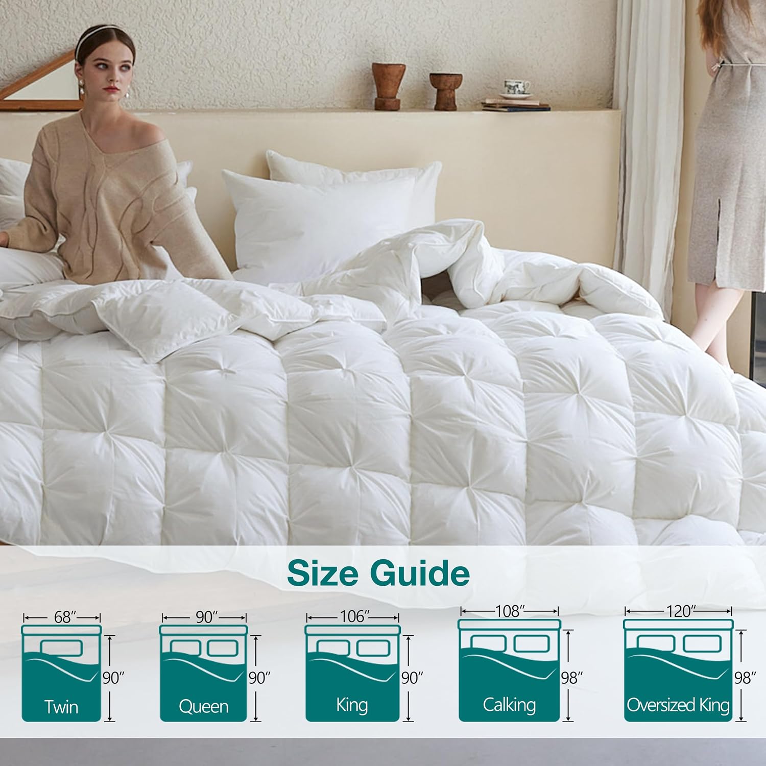 KAKABELL Pinch Pleat Goose Down Feathers Fiber Comforter Cal King Size All Season-Ultra Soft and Cozy Noiseless Duvet Insert with Egyptian Cotton Blend Cover,Fluffy Warm Comforter (White,98'X108')