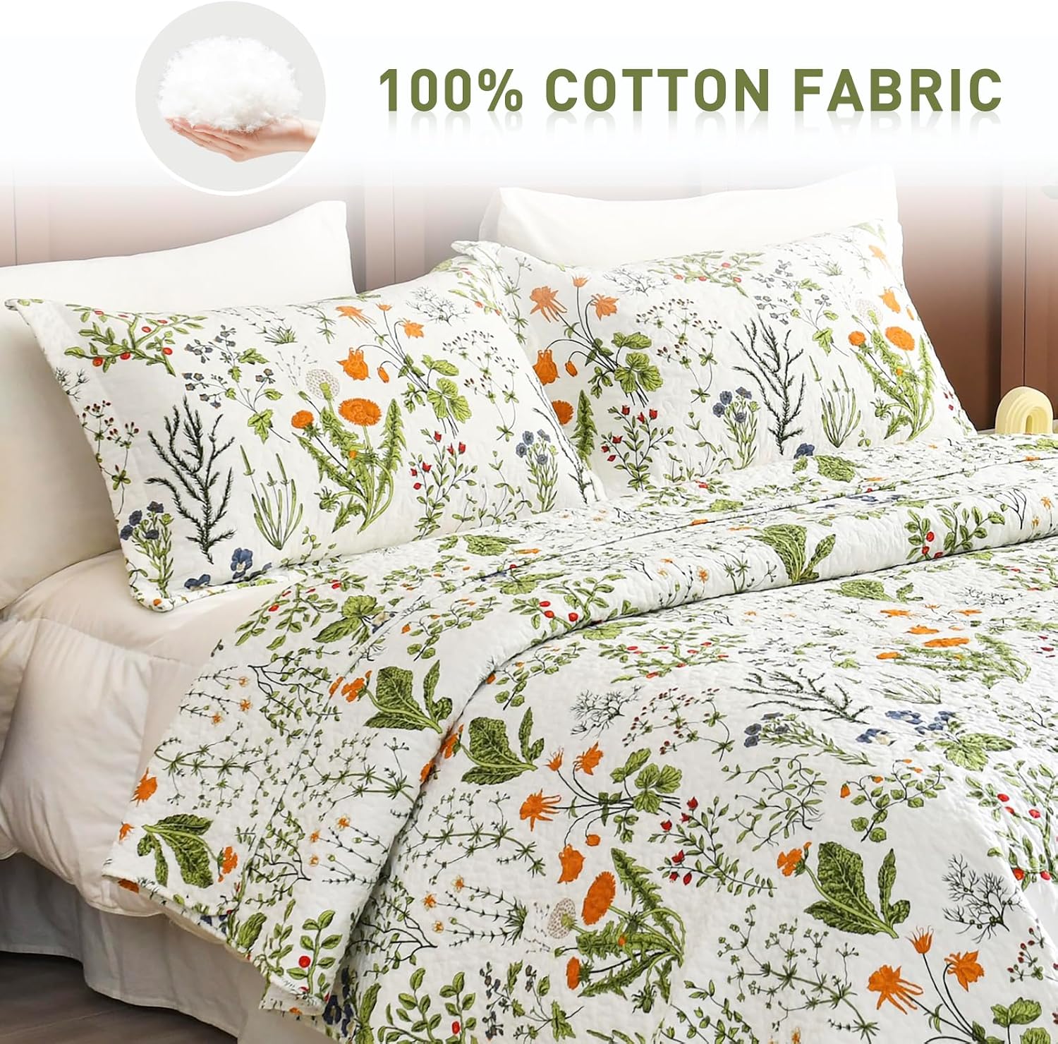 Lady Ann Oversized King Quilt Bedspreads 120x120-100% Cotton Floral California King Size Quilt Bedding Set Yellow Flowers & Leaves Pattern Plant Botanical Printed Quilted Coverlet Set, 3 Pcs