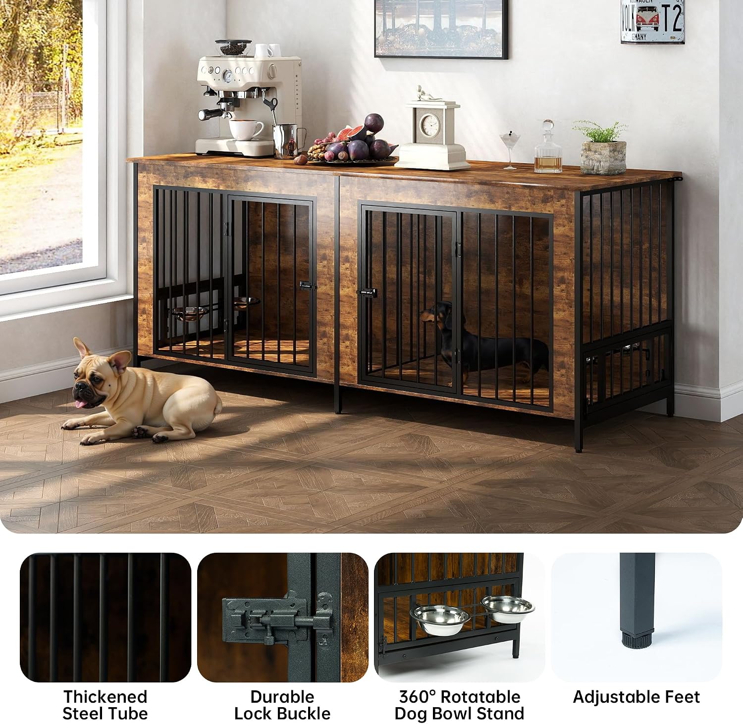 Real Relax 78' Large Dog Crate Furniture for 1 or 2 Dogs with with Rotating Dog Bowl Rack, Heavy Duty Dog Kennel Furniture for Small/Medium Dogs with 4 Bowls, Dog Cage with Steel Frame, Brown