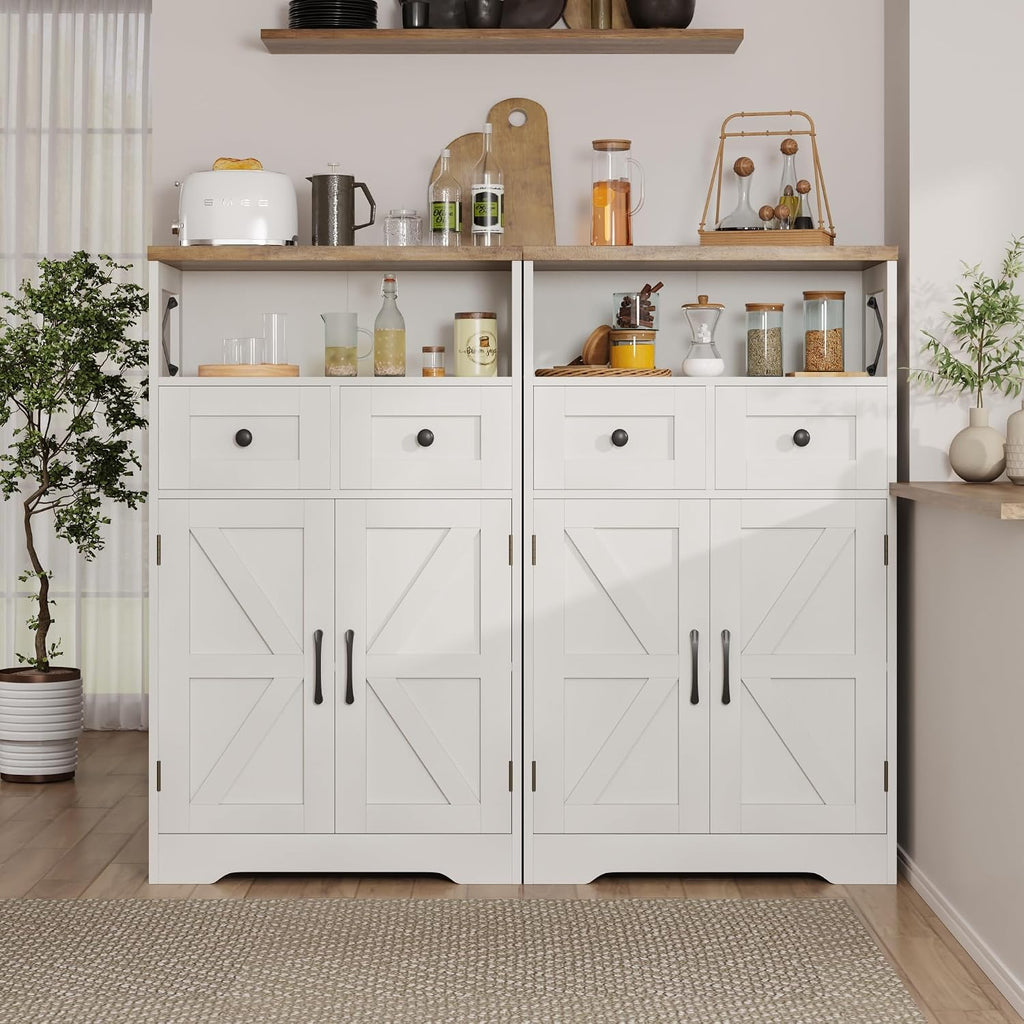 Befrases Set of 2 Farmhouse Storage Cabinet with Barn Doors and Drawers, Freestanding Kitchen Pantry, Floor Storage Cabinet Hutch Cupboard for Kitchen, Laundry, Living Room, White