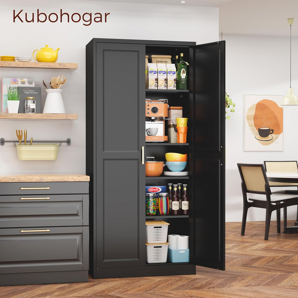 71' Tall Metal Pantry Cabinet, Black Kitchen Pantry Storage Cabinet with 4 Adjustable Shelves and Gold Handles, Cupboard for Kitchen, Dining Room, Living Room, Bathroom