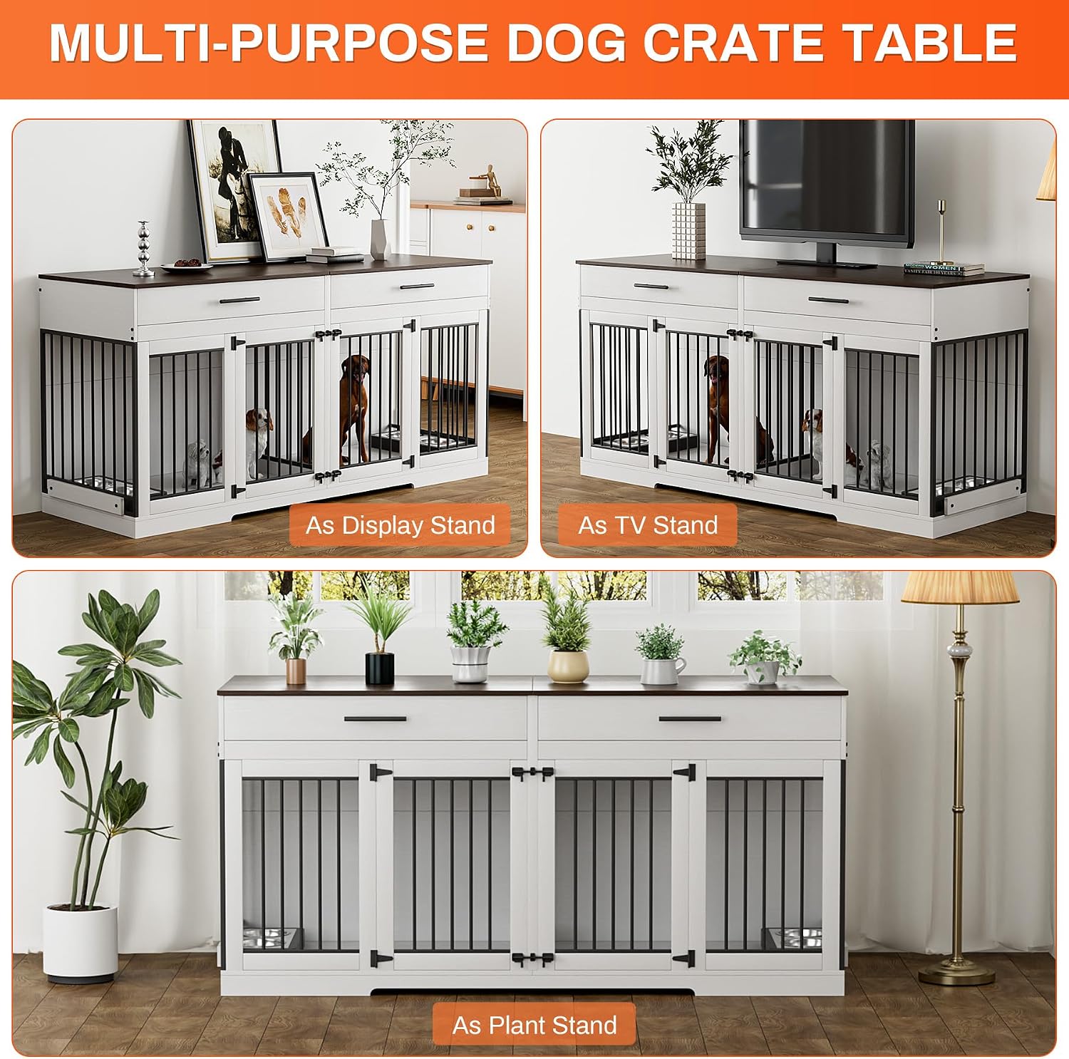 Rophefx 72' Dog Crate Furniture for 2 Dogs, Large Dog Kennel Furniture with 2 Storage Drawer and Removable Divider, Wooden Dog Cage with 4 Bowls, Indoor Dog House TV Stand for Medium Dog, White