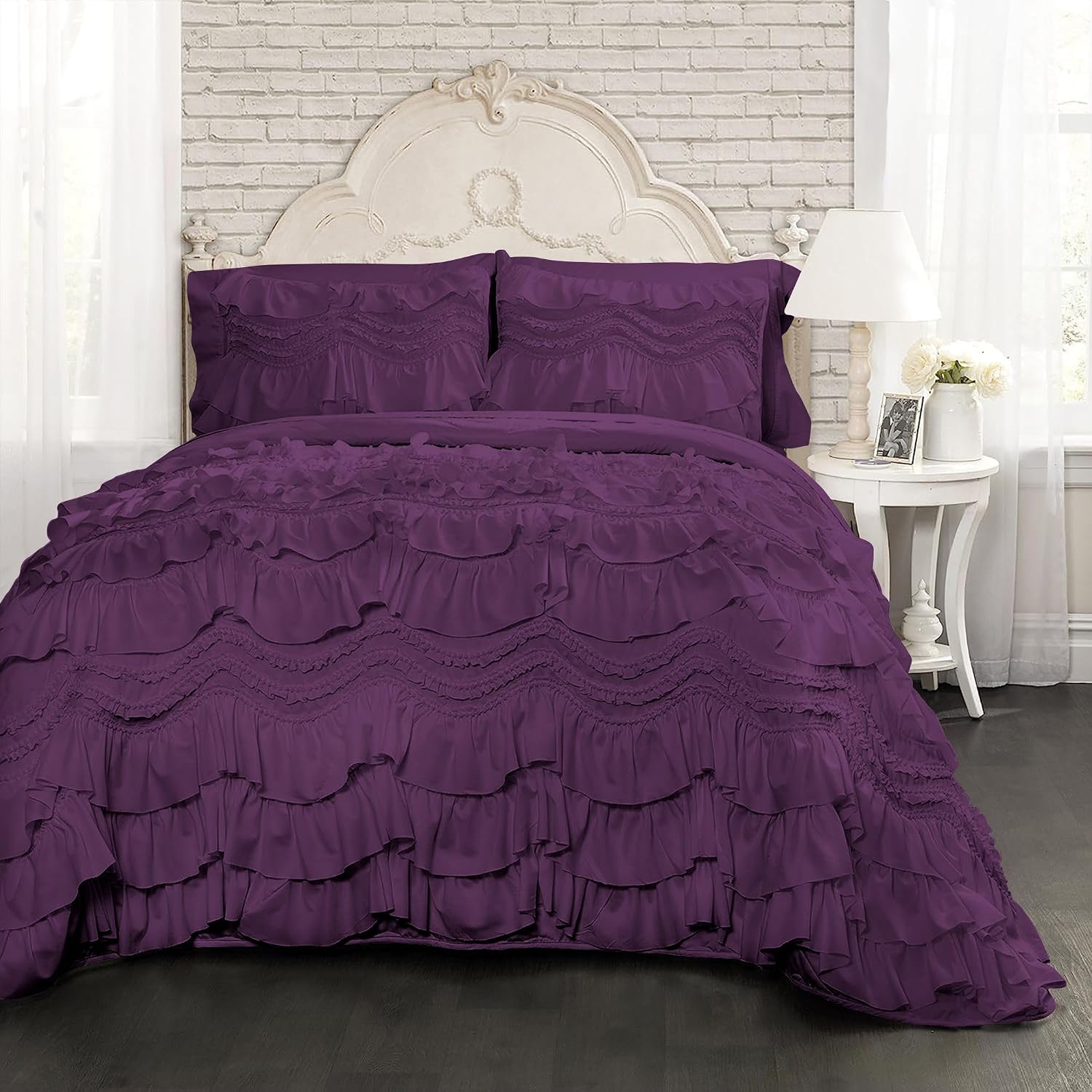 100% Egyptian Cotton, 550 GSM Microfiber Filled Quilt Ruffled Textured 1 Piece Oversized Super King Size Comforter, Plum